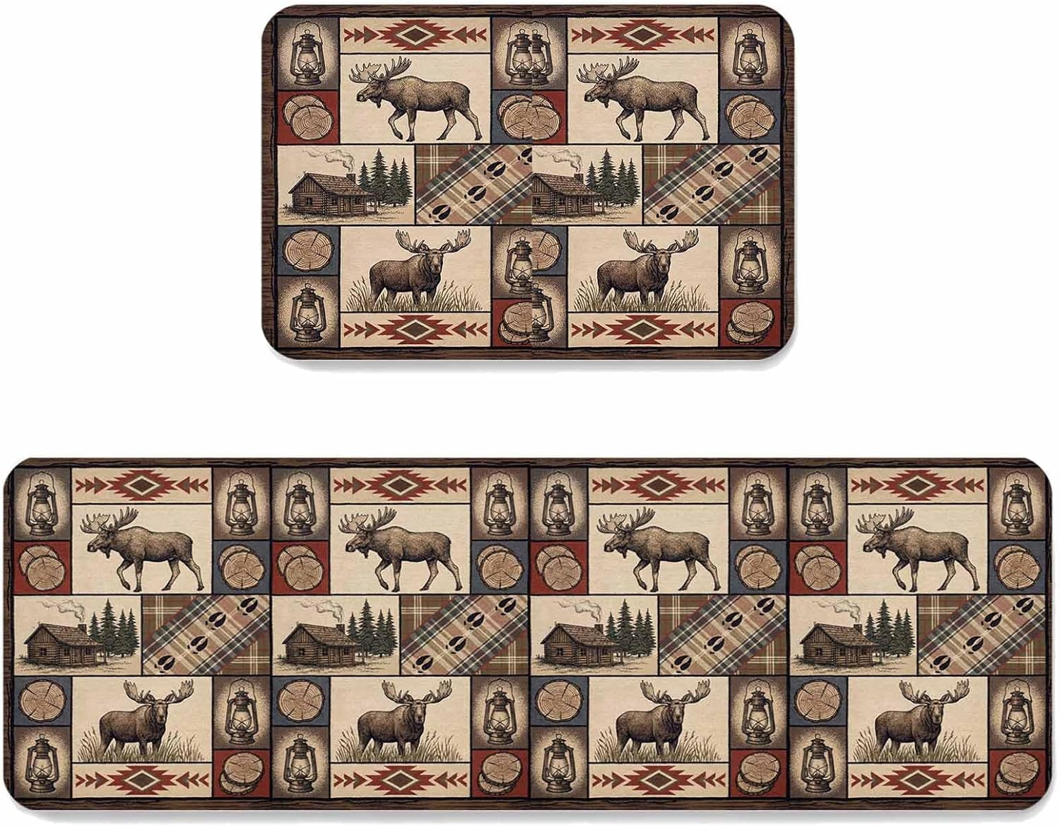 Prime Leader Country Style Kitchen Mat Set 2 Pieces Farm Buck Wooden House Aztec Plaid Patchwork Non Slip Kitchen Rugs Washable Runner Rug Mats for Sink Laundry (15.7" x 23.6"+15.7" x 47.2")