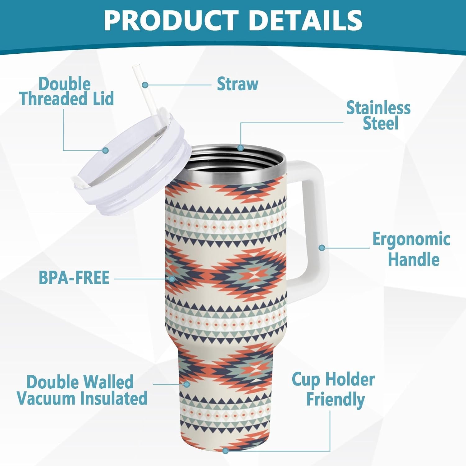 YETTASBIN Boho Aztec 30 oz Tumbler with Handle, Stainless Steel Vacuum Insulated Sports Water Bottle, Leak-proof Travel Coffee Mug Cup with Lid and Straw for Water, Iced Tea or Coffee - Image 4