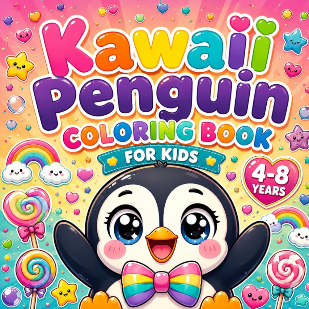 Kawaii Penguin Coloring Book for Kids Ages 4-8: Cute, Fun and Easy Coloring Pages for Boys and Girls: Adorable Playful Penguins Enjoying Fun ... Reading and More in a Cute Coloring Adventure