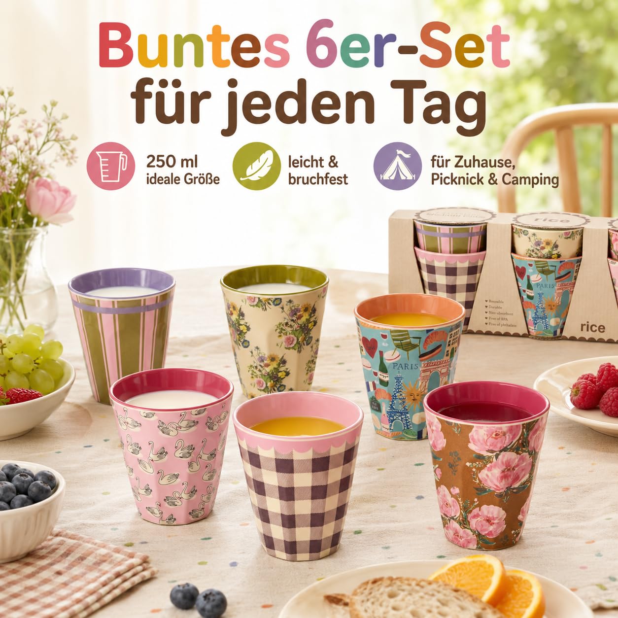 ReWu RICE Melaminbecher 6er Set Bon Vivant Design, 250 ml, bunt