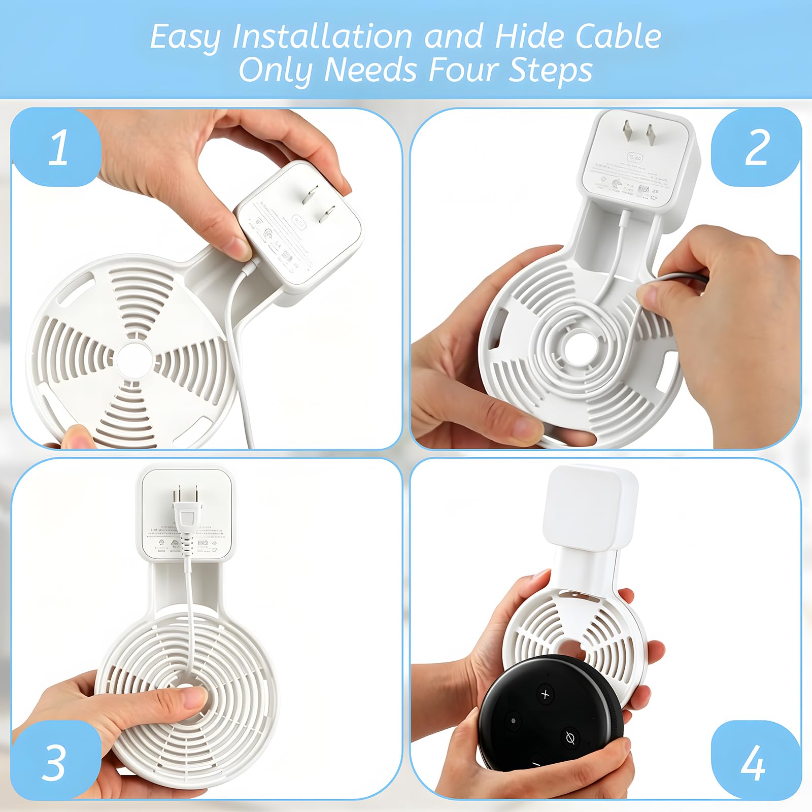 Supporto da parete per prese elettriche con gestione cavi acrilico per Echo Dot 3a generazione bianco