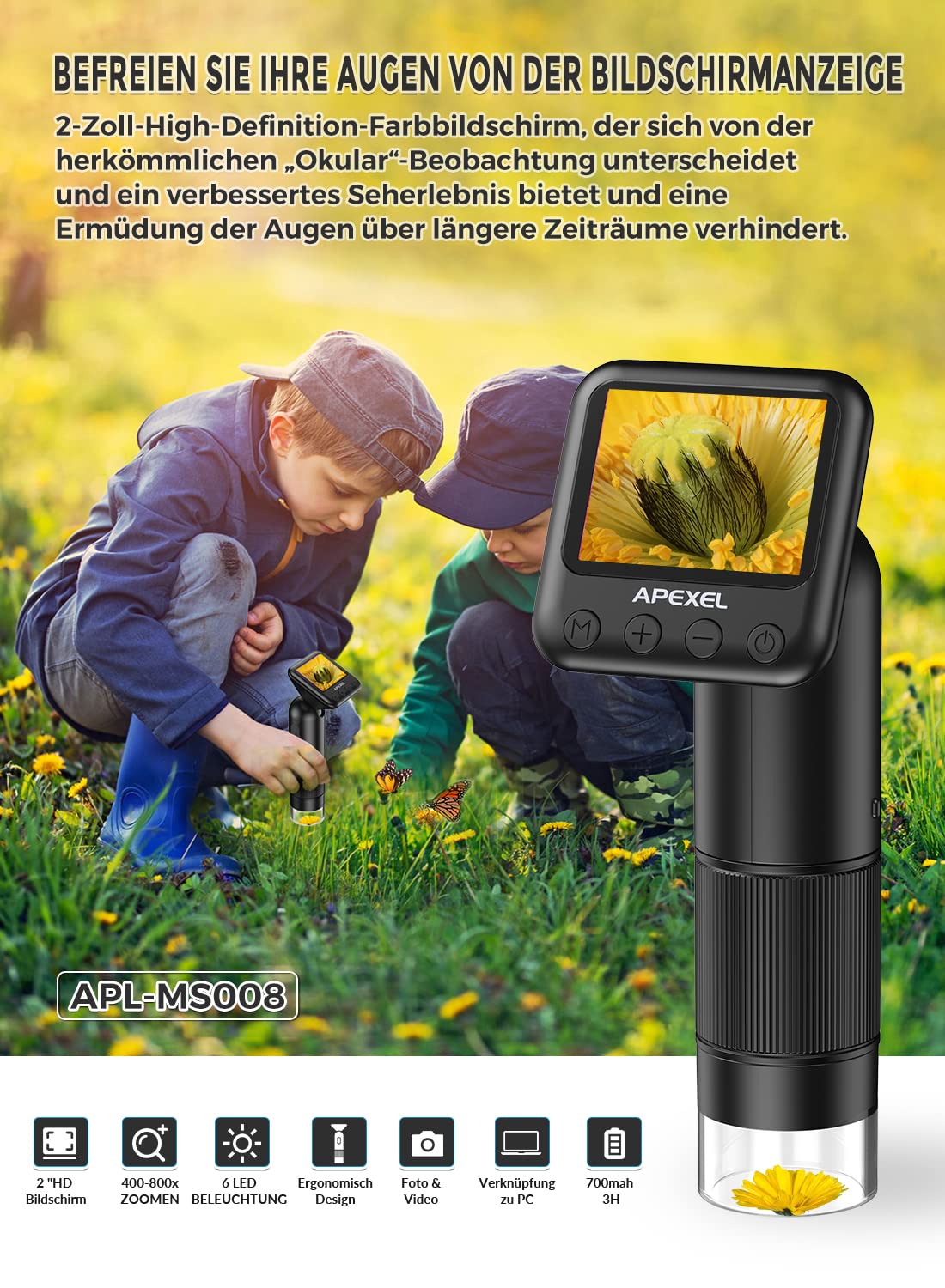 APEXEL Taschenmikroskop, Mikroskop Handy mit Folien, 800-faches Digital Microscope