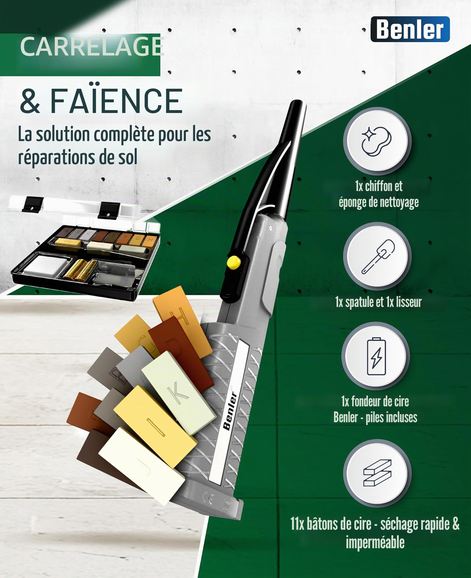 Kit de réparation de carrelage avec fontaine 2 en 1 pour carrelage, convient également pour le stratifié, le parquet et le sol en vinyle – Kit de réparation 19 pièces (marron/gris)