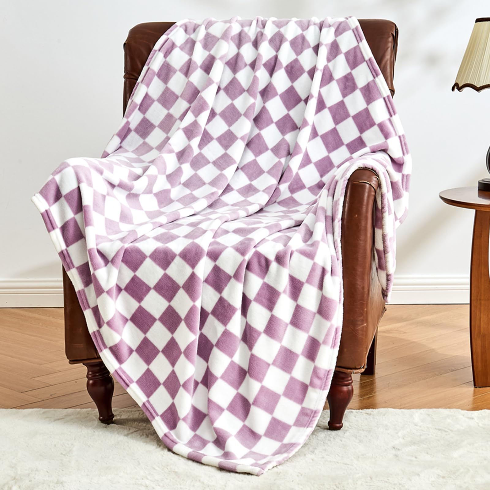 Edenleaf Checkered Blanket Flannel Throw Blankets Soft Cozy Checkered Grid Print Chessboard Gingham Pattern Throws for Bed Sofa Couch for All Seasons, 50x60 Inch, Purple