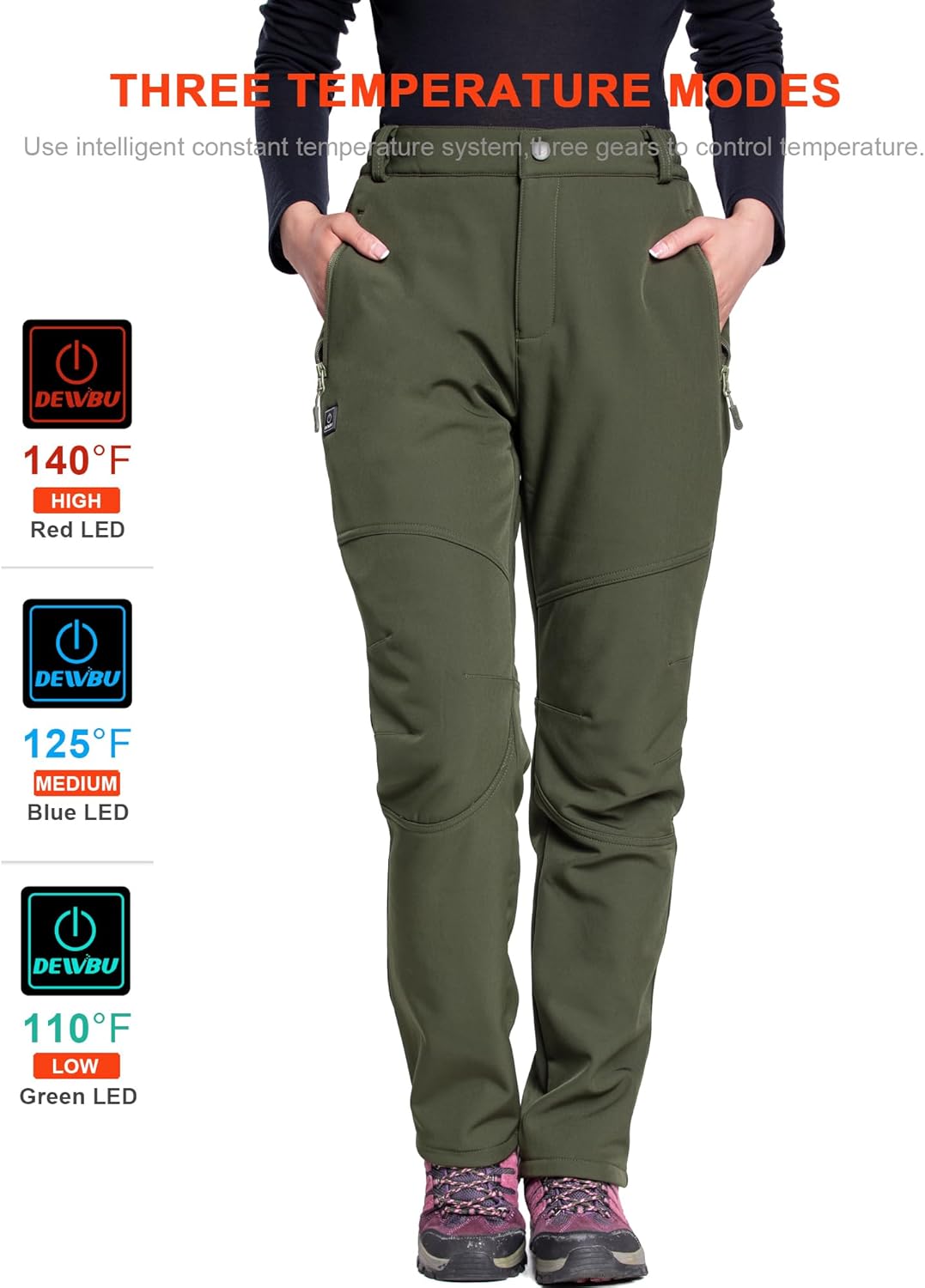 DEWBU Heated Pants for Women with 12V Battery Pack Fleece Lined Outdoor Softshell Pants Electric Heating Trousers - Image 4