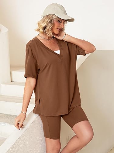 Miniatura 3 de Glamaker Women 2 Piece Outfits 2024 Lounge Short Sets V Neck Short Sleeve T-shirt Top Biker Shorts Set