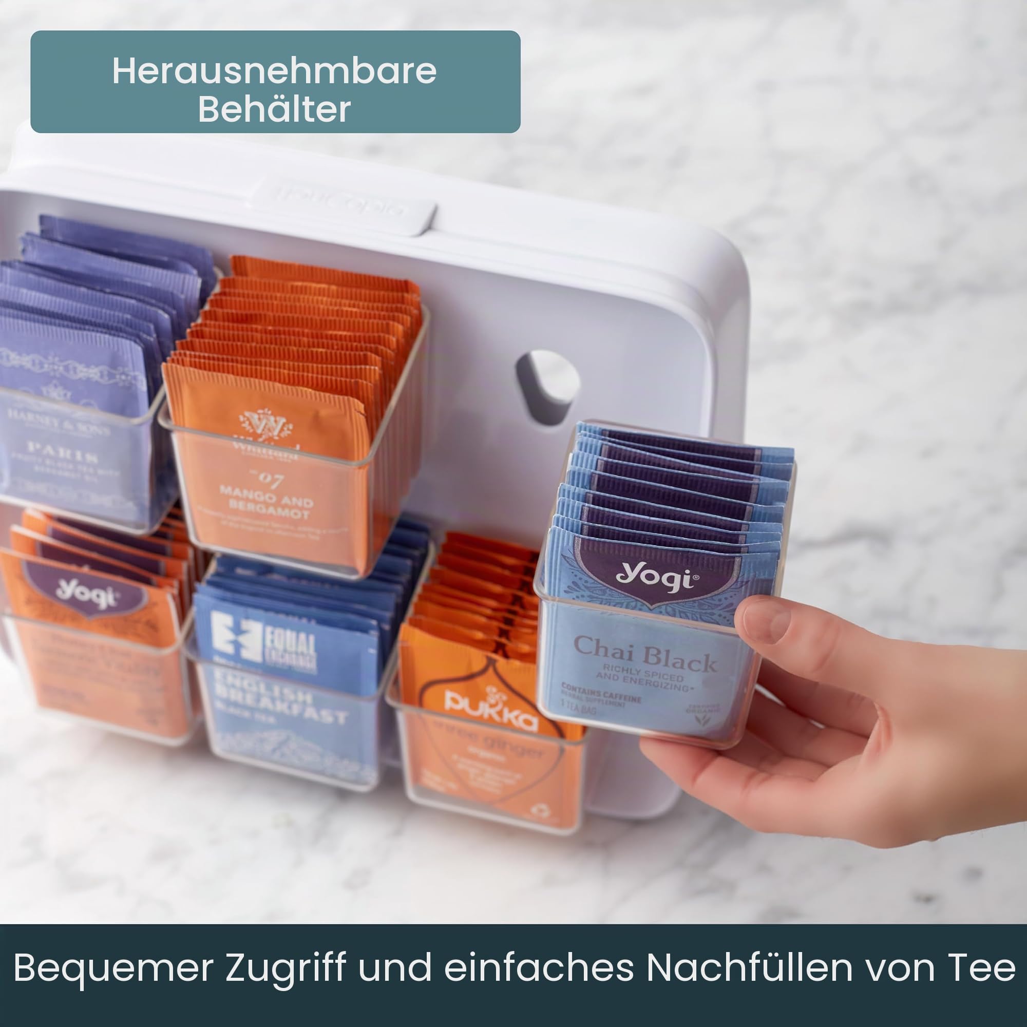 YouCopia 1 Teeständer TeaStand Teebeutel-Organizer mit transparenten, abnehmbaren Behältern, Schrank oder Speisekammer, Kunststoff, farblos