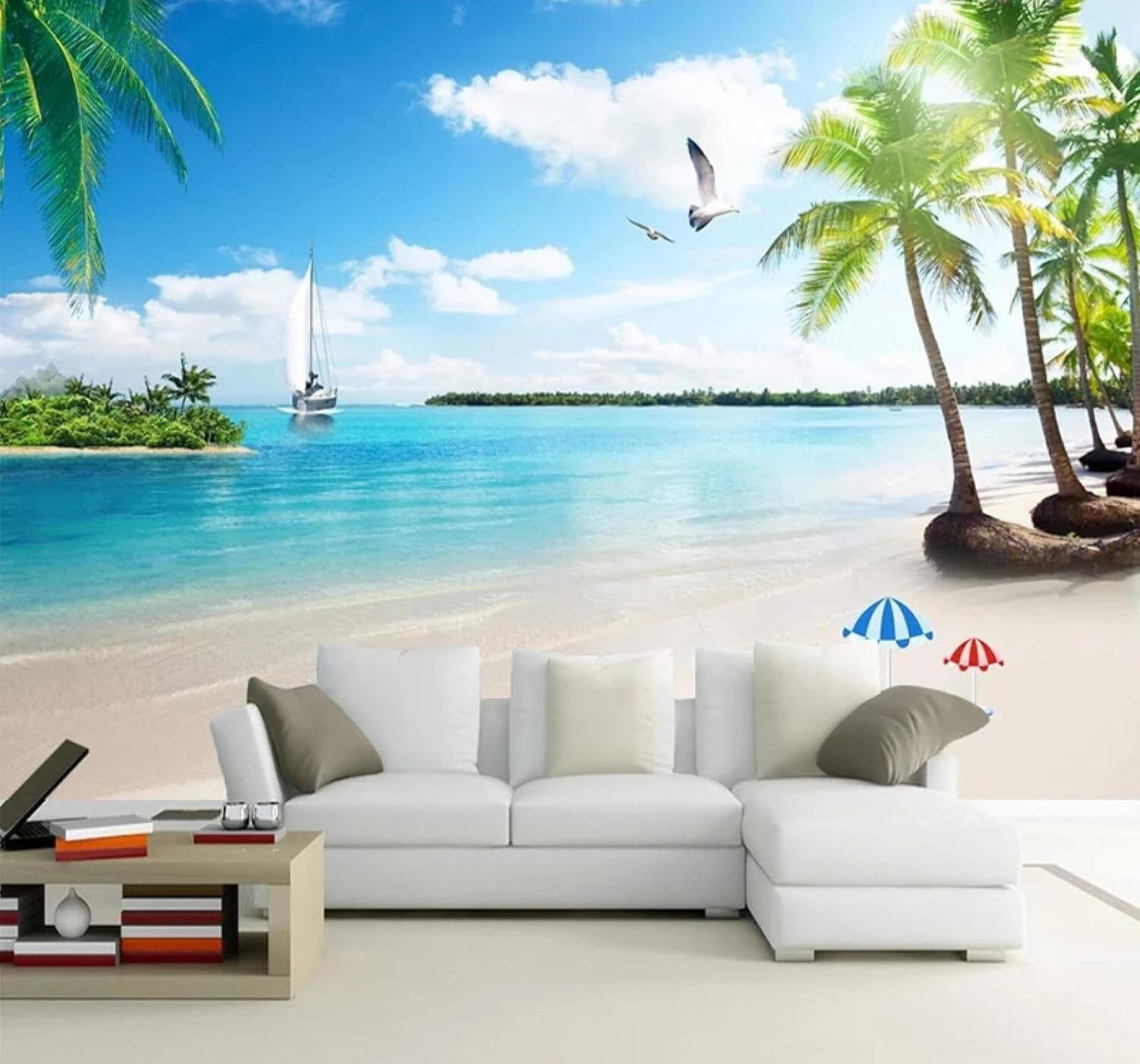 Tzxztt Blue Sky White Clouds Beach Coconut Trees Natural Scenery Modern 3D Wallpaper Premium Textured Silk Neutral Tones Material Ideal for Living Room Bedroom-300cm×210cm
