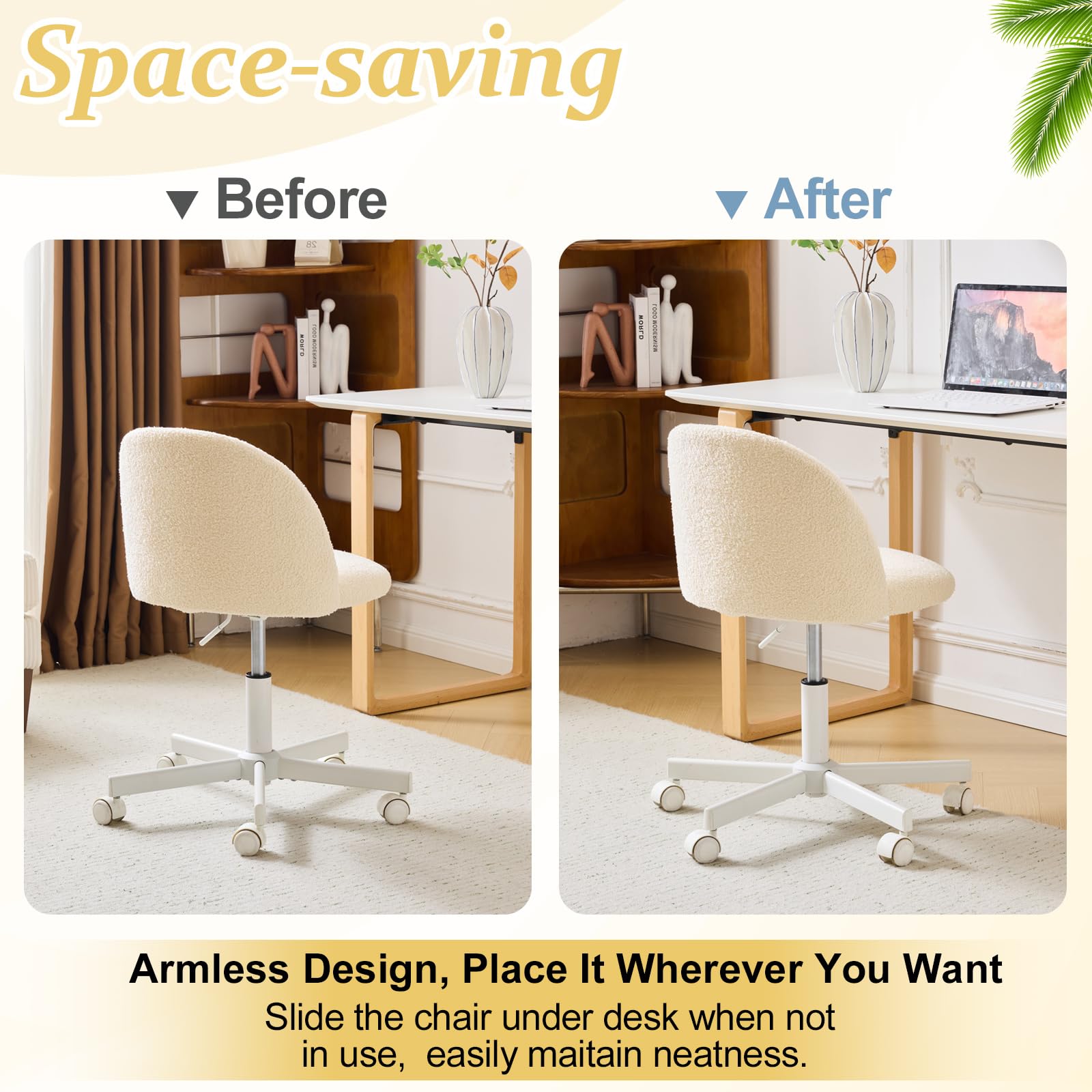 Bonnlo Bürostuhl mit Rollen, Schminktisch Stuhl, Höhenverstellbar Schreibtischstuhl für Arbeitszimmer, Schlafzimmer, Homeoffice, Teddystoff (Beige)