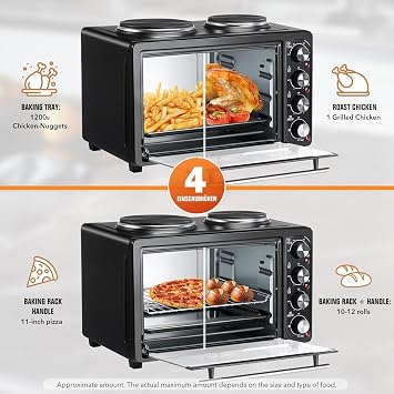 Mini Oven Hob Cooker Grill with Electric Double Hotplate, Tabletop Design, 28L Capacity, Black Finish for Efficient Cooking and Meal Preparation