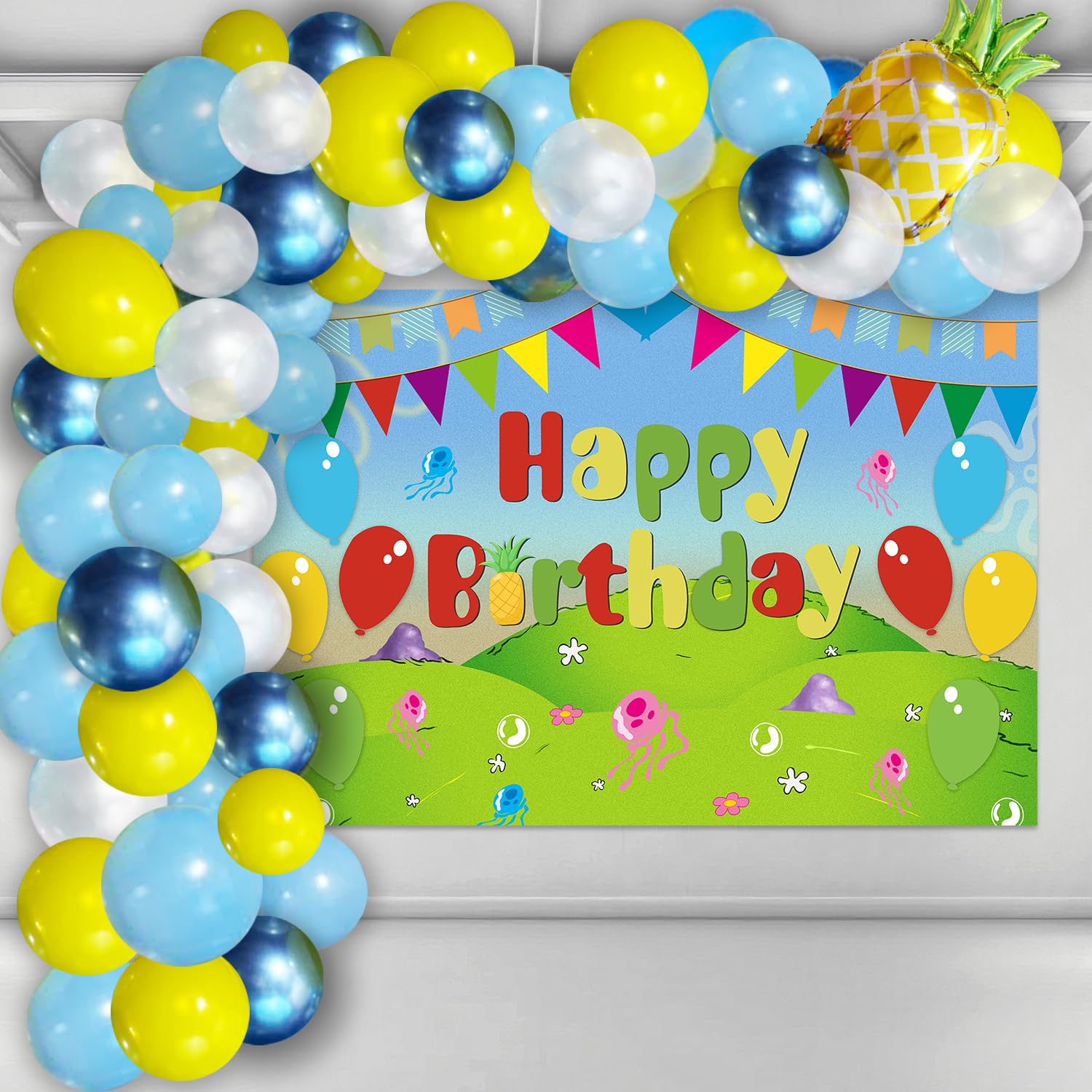 Cartoon Sponge Balloon Arch Kit-Yellow Blue Clear Balloons Birthday Decorations for Boys Girls Baby Shower Party Sponge Party Supplies with Backdrop