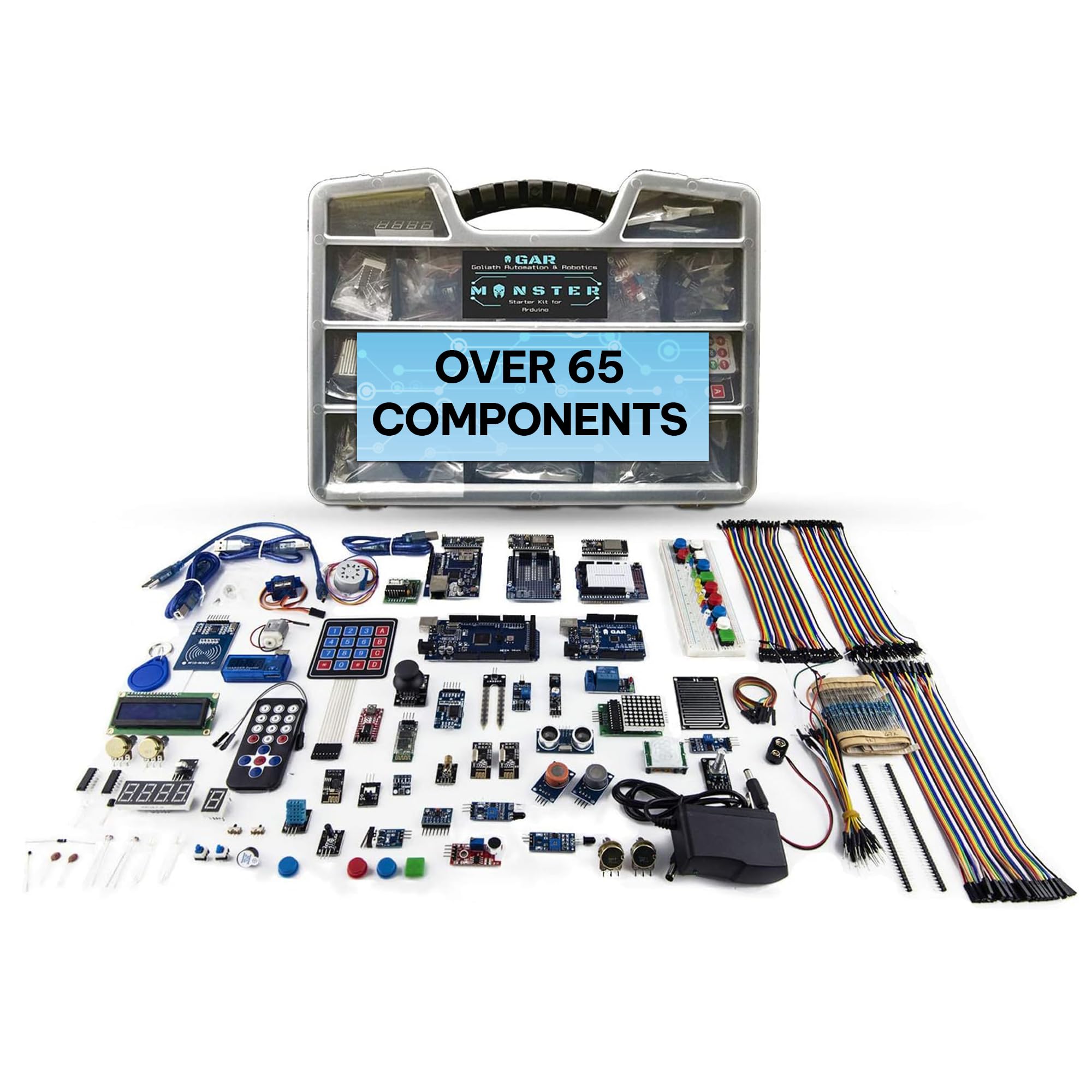 GAR Monster Starter Kit for Arduino Uno Mega Nano, Complete Advanced Set, ESP32, ESP8266, 25 Sensor Modules, Bluetooth WiFi Ethernet for STEM Robotics Projects