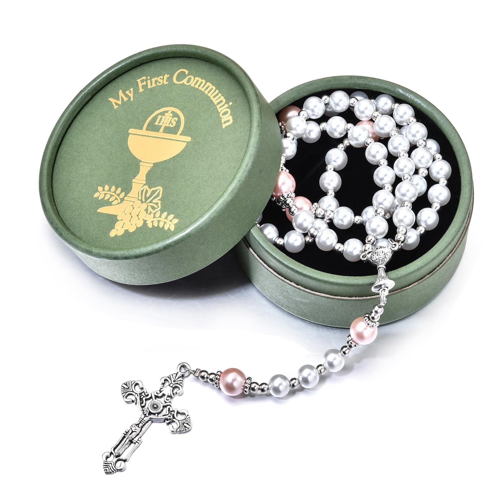 Merroyal First Communion Rosary with Glass Pearl Beads, Ornate Crucifix and Chalice Centerpiece, 18.5 Inches, Gift Box and Satin Bag Included - 2
