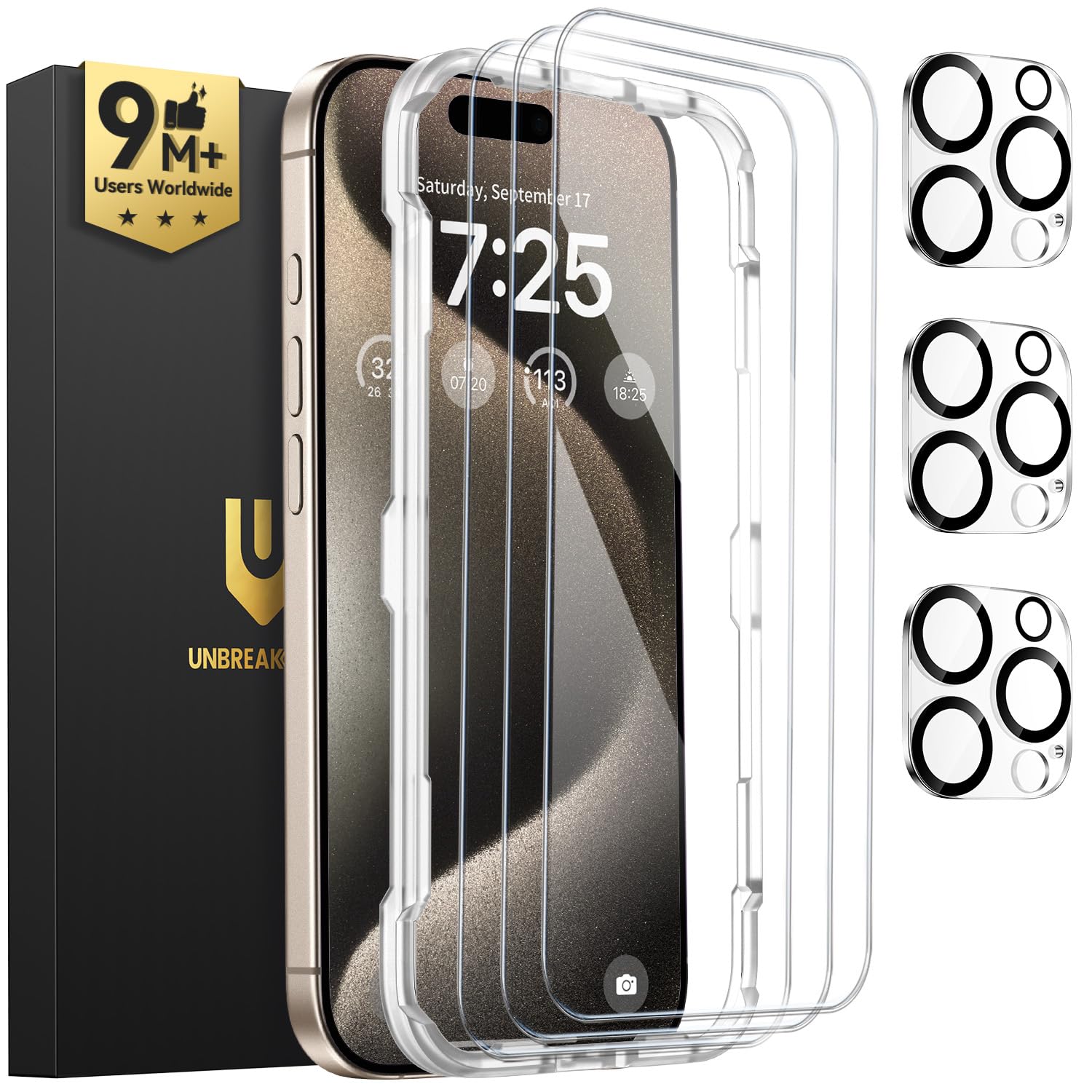 UNBREAKcable iPhone 15 Pro Max Screen Protector 3-Pack, Upgraded Dual-Tempered Glass + 3 Camera Lens Protectors, Military-Grade 9H Hardness, HD Clarity, Anti-Fingerprint, Case Friendly, 6.7 Inch