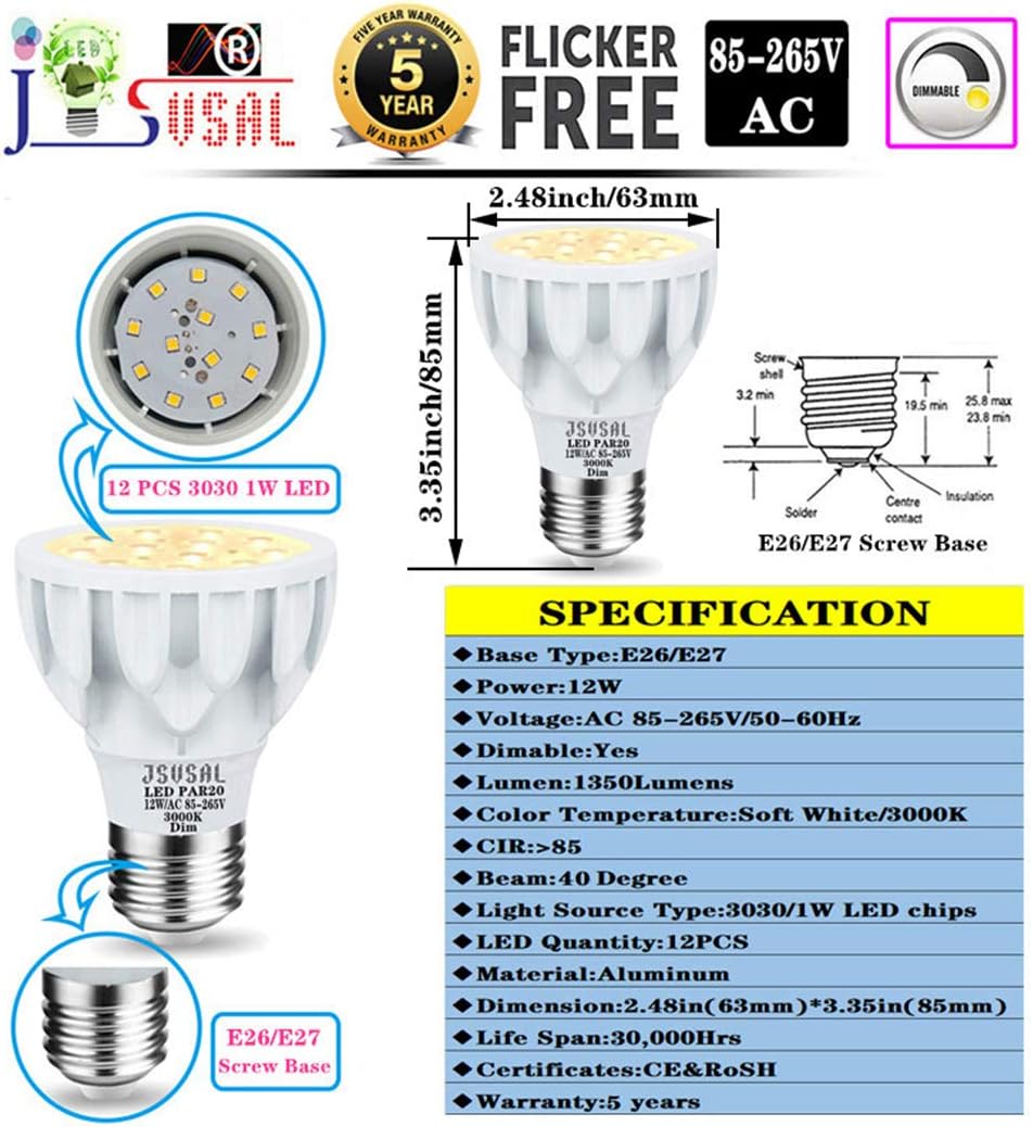 PAR20 LED Bulb 100W Replacement Dimmable,3000K Soft White,12W, 3030 LEDs 1350LM, E26 Medium Base,Aluminum Casing,Spot Light 40 Degree Beam Angle,Pack of 2