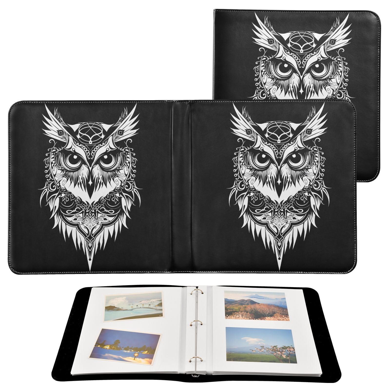 JIPONI White Owl Large Photo Album, DIY Leather Cover Scrapbook Albums for 4x6 5x7 6x8 Pictures, Self Adhesive Memory Book for Wedding, Baby, Family