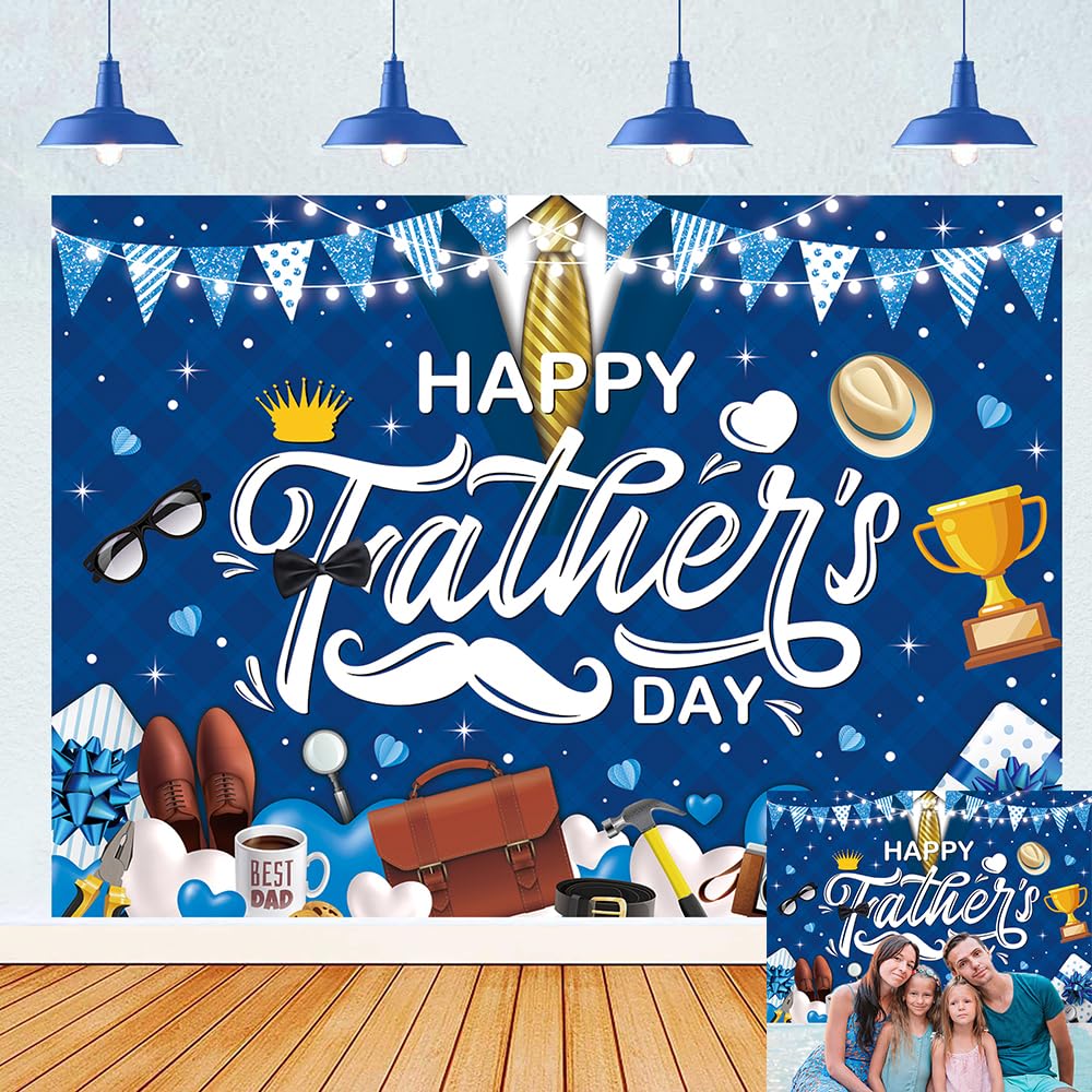 Happy Father's Day Backdrop Blue Hearts Tie Best Dad Ever Fathers Day Background Mens Birthday Family Party Decorations Banner Photo Booth Props (