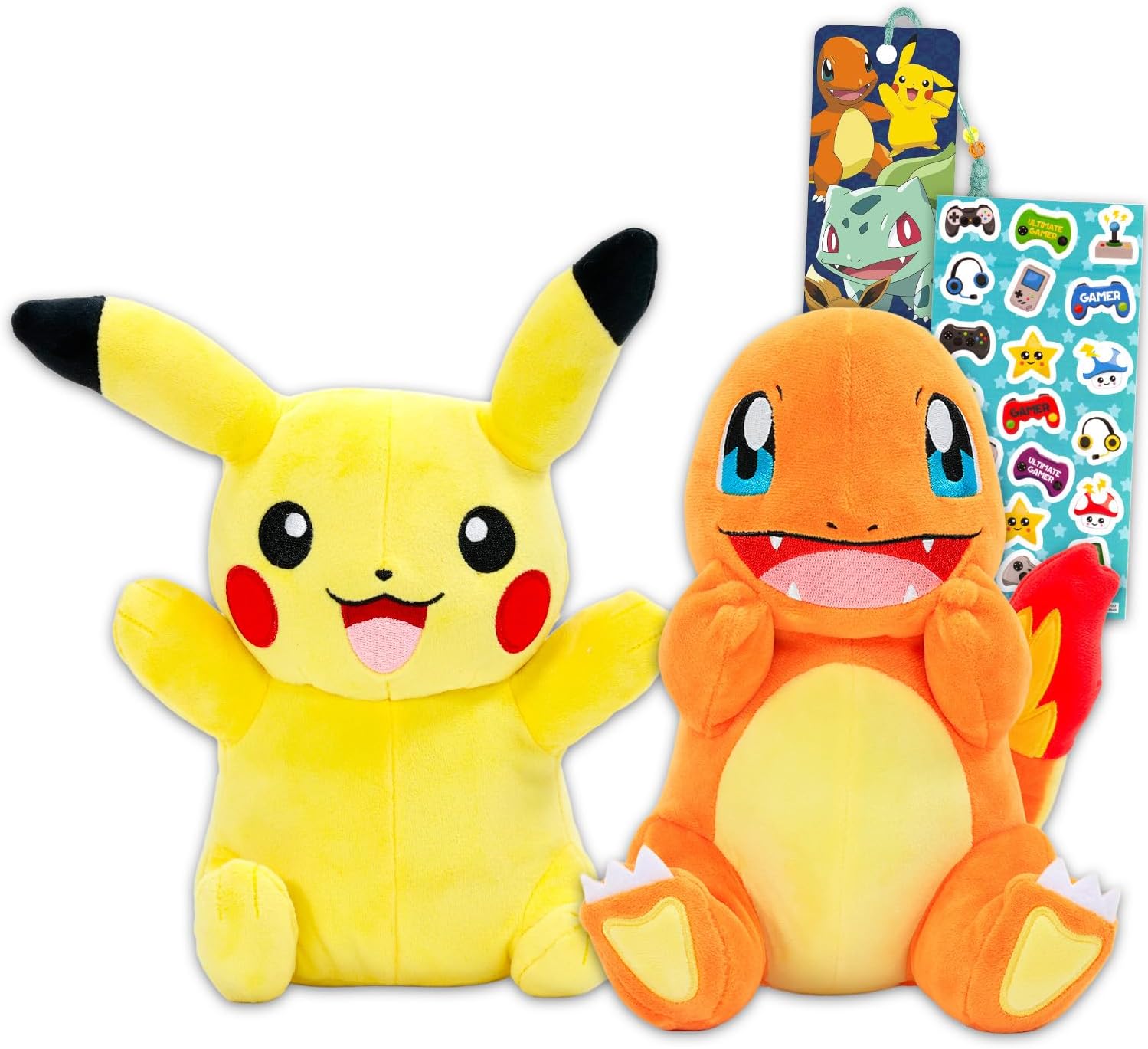 Pokemon Plushie 2 Pack - Bundle with 2 Plush 8" Figures Featuring Pikachu and Charmander Plus Bookmark, Stickers | Pokemon Stuffed Animals Set