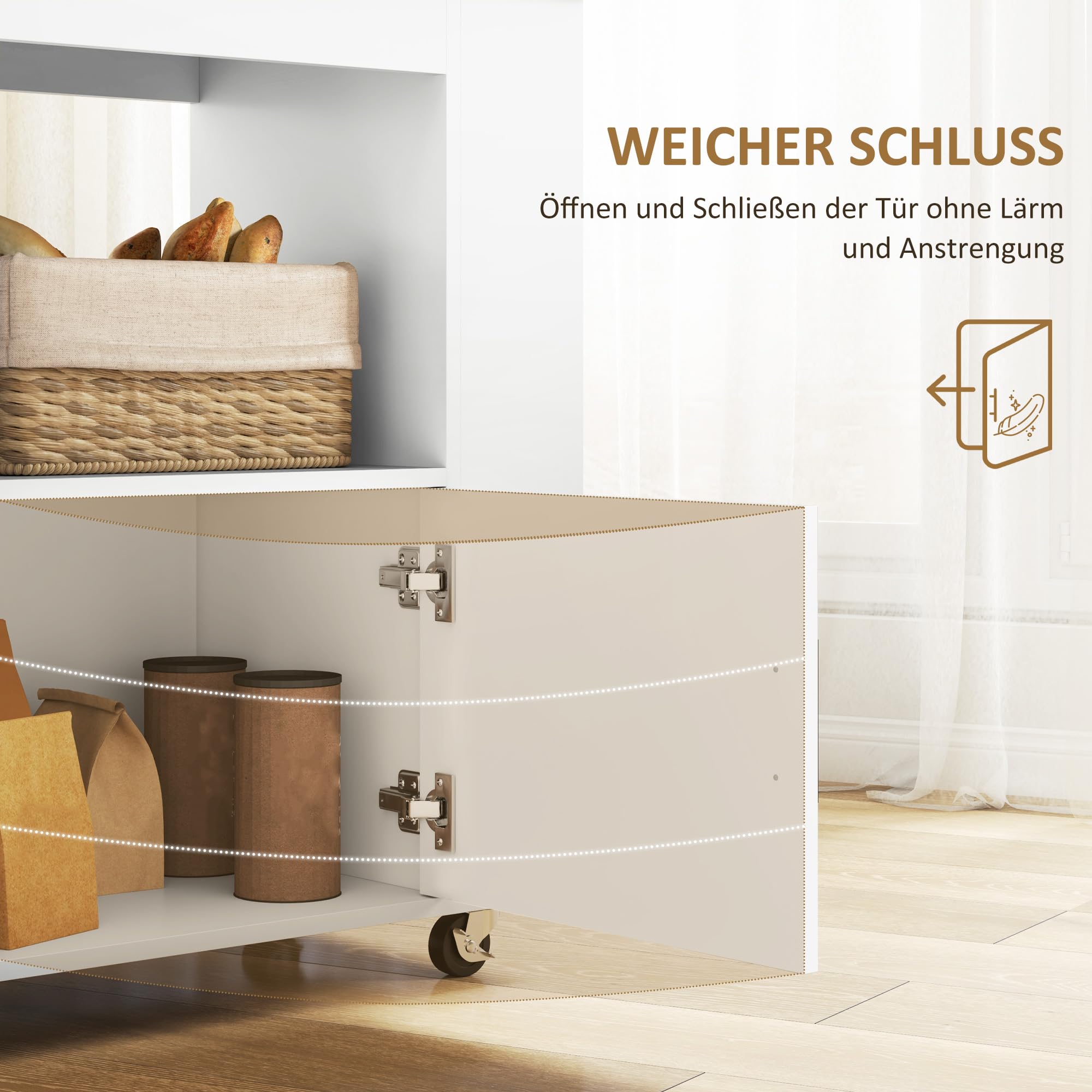 HOMCOM Küchenwagen mit Arbeitsplatte aus Holz Ablagen 83x40x83 cm Eiche | Rollwagen, Weinregalen, Servierwagen, Küchenschrank auf Rollen, Soft-Close-Scharnieren, Griff, Kücheninsel