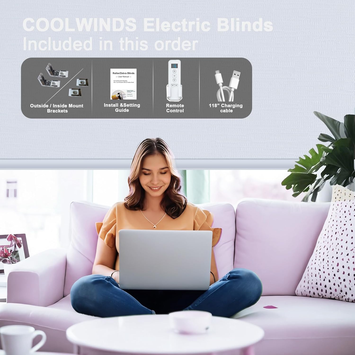 Motorized Blinds with Remote Smart Blackout Shades Electric Curtains Automatic Roller Blinds Shades for Indoor Windows Cordless with Alexa Google Home(Blackout Cloud White,W22.5X H62)