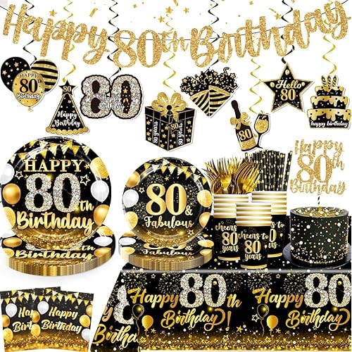 Yingoto 169pcs 80th Birthday Decorations for Men with Pre-strung Banner, Plate, Napkins, Cups, Tablecloth, Black Gold Happy 80th Birthday Decorations Cheers to 80 Years for 25 Guests Black a