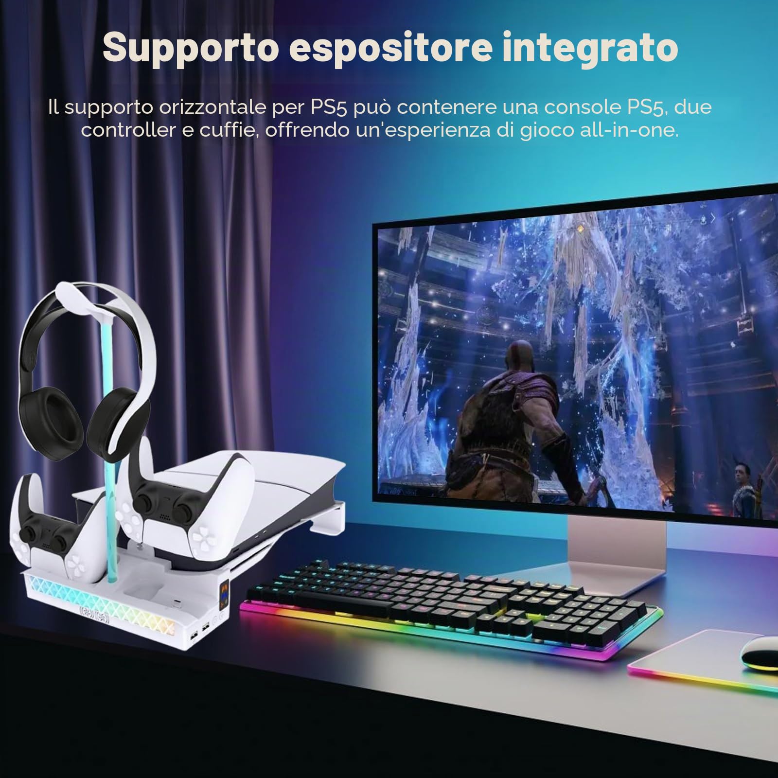 Supporto orizzontale sottile per PS5 Pro/PS5, staffa di raffreddamento con luci RGB e caricatore doppio controller