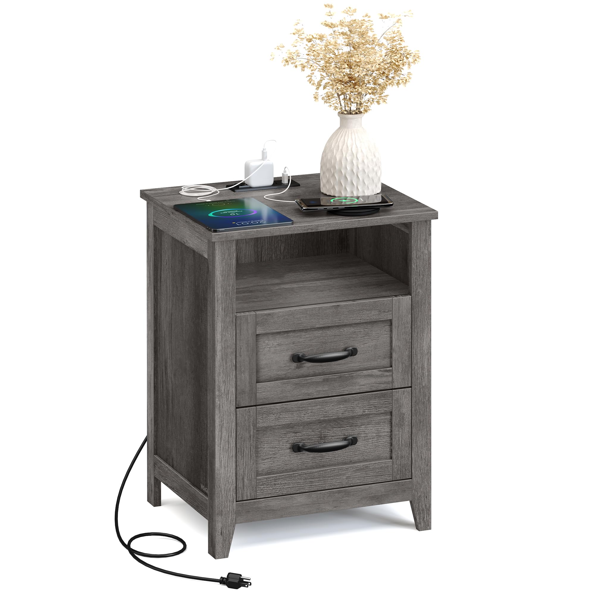 VASAGLE LIRY Collection - Farmhouse Nightstand with Charging Station, Bedside Table, Side Table with 2 Drawers, Open Compartment, for Bedroom, Misty Gray ULET669G01