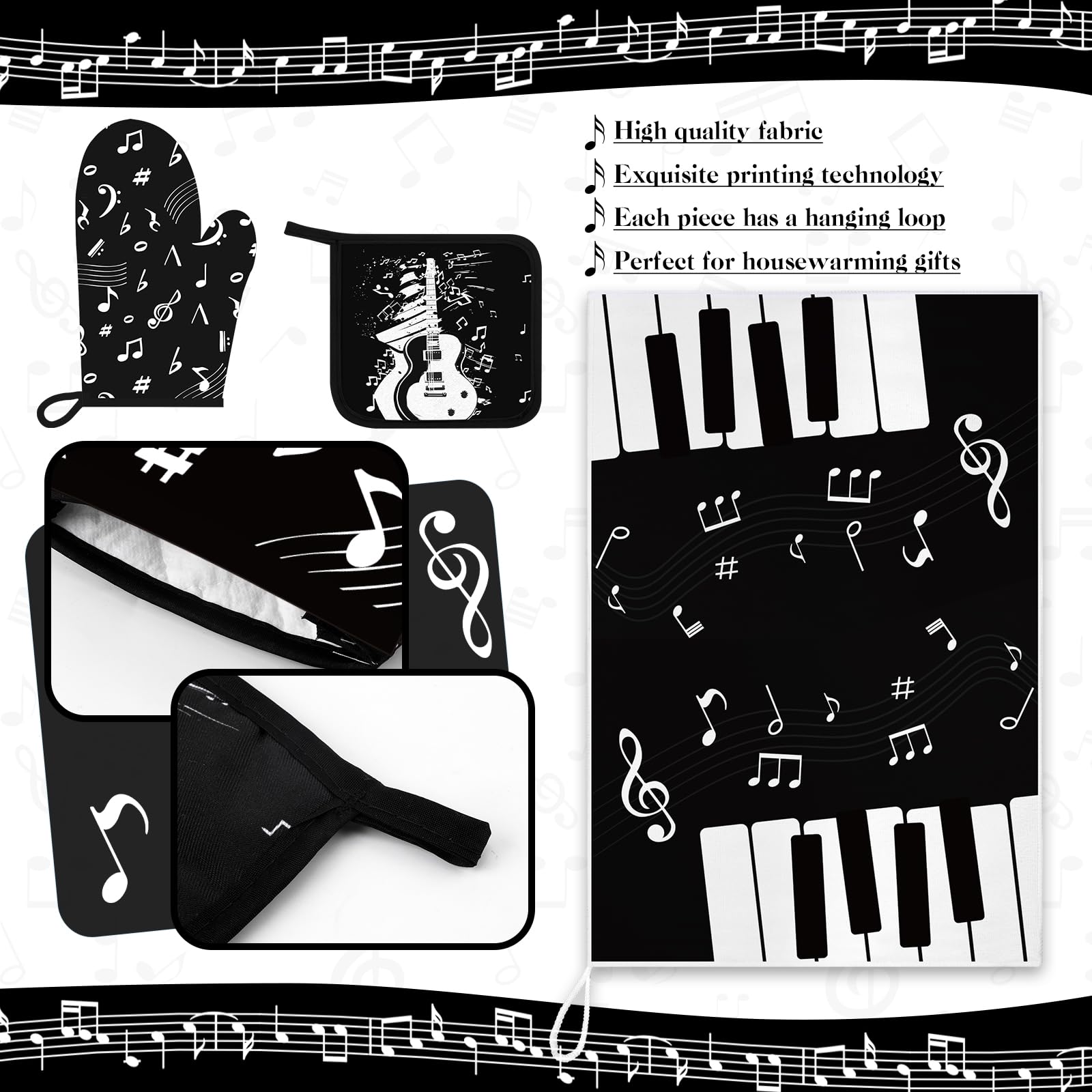Juego de 8 piezas de accesorios de decoración de cocina con notas musicales, toallas de granja, guantes de horno, soportes para ollas, juego de paños de cocina decorativos absorbentes para 5