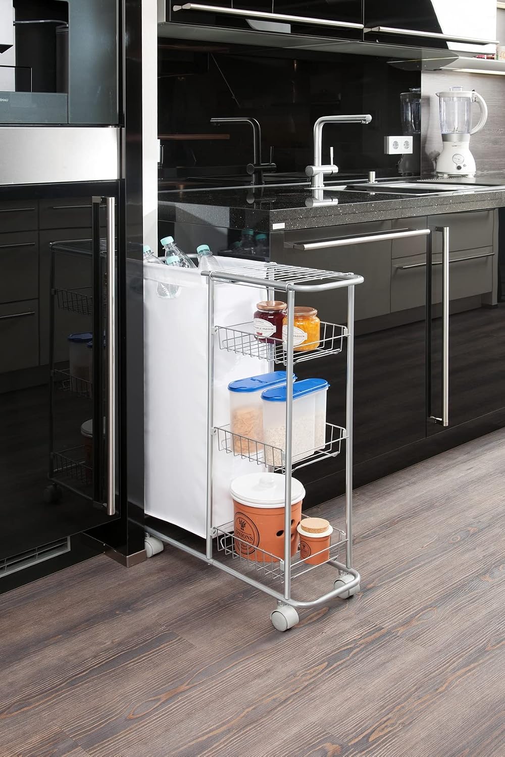 WENKO 3 Tier Rolling Cart with Removable Storage Bag, Utility Cart Made of Steel, Rolling Storage Cart in Grey, Bathroom, Kitchen Organizer, Capacity 7.4 Gal, 7.9 x 22.8 x 31.5 inch