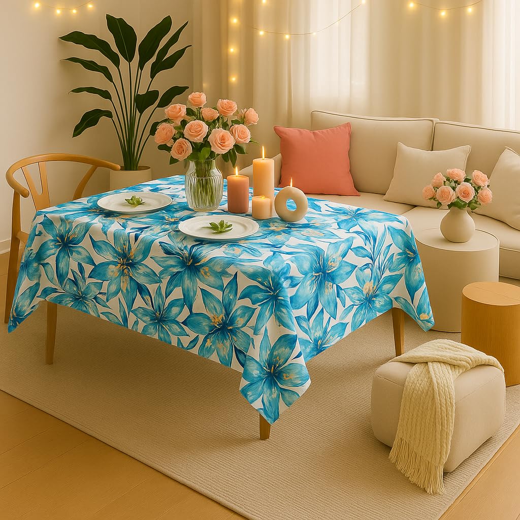 WWW.THROWPILLOW.IN Blue Leaves Print Boho Printed Dining Table Cover Square Shape 43"x 43", Anti Skid Table Cloth for 20x20-30x30 Center Table, Coffee Table|Living Room Diwali Decor 3