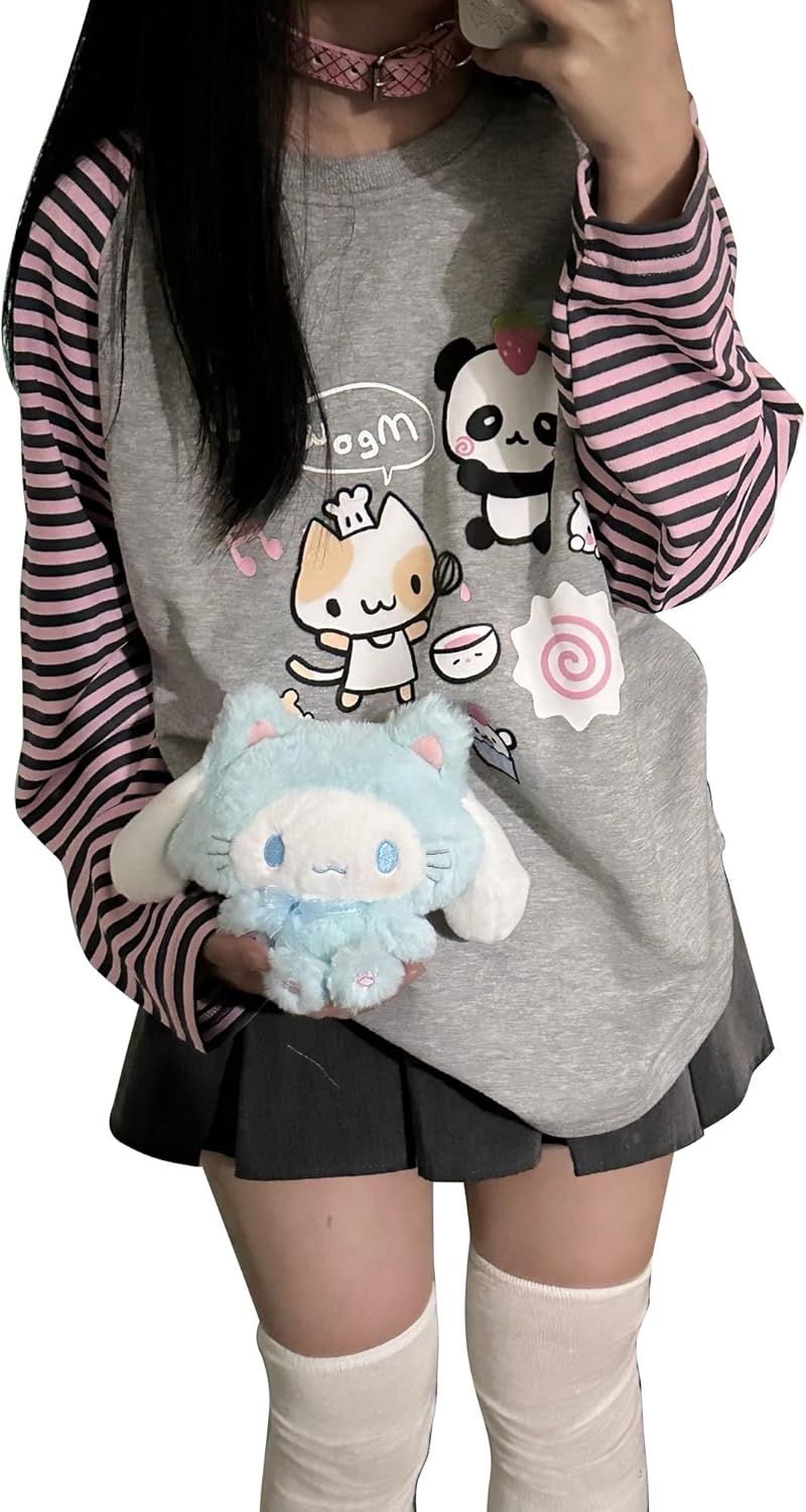 Y2k Cute Sweatshirts for Women Harajuku Kawaii Striped Sweatshirts Cartoon T-shirts Y2k Cute Sweatshirts for Women Harajuku Kawaii Striped Sweatshirts Cartoon T-shirts