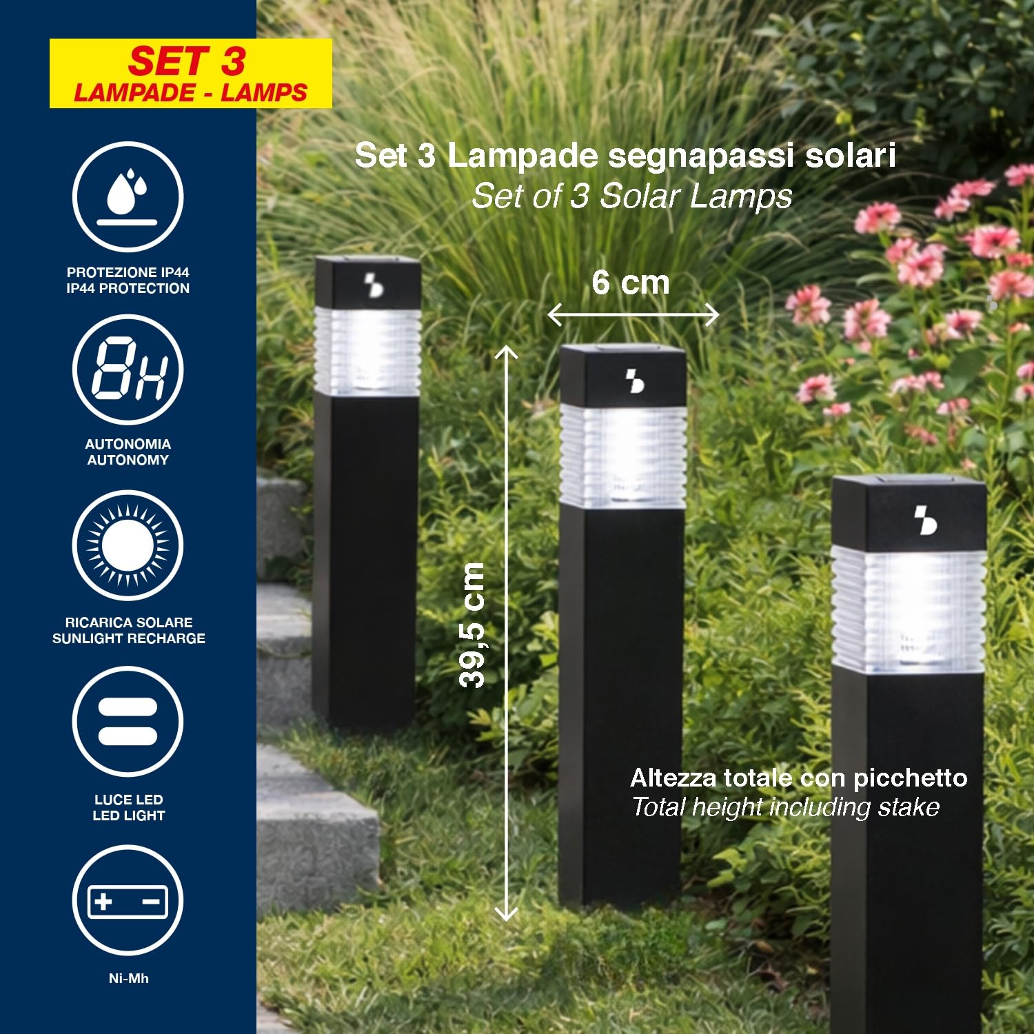 BEPER P207ILO030 Zestaw 3 solarnych lamp schodowych, zewnętrzne lampy solarne LED z kolcami, automatyczne włączanie, oświetlenie ścieżek i rabat kwiatowych, IP44