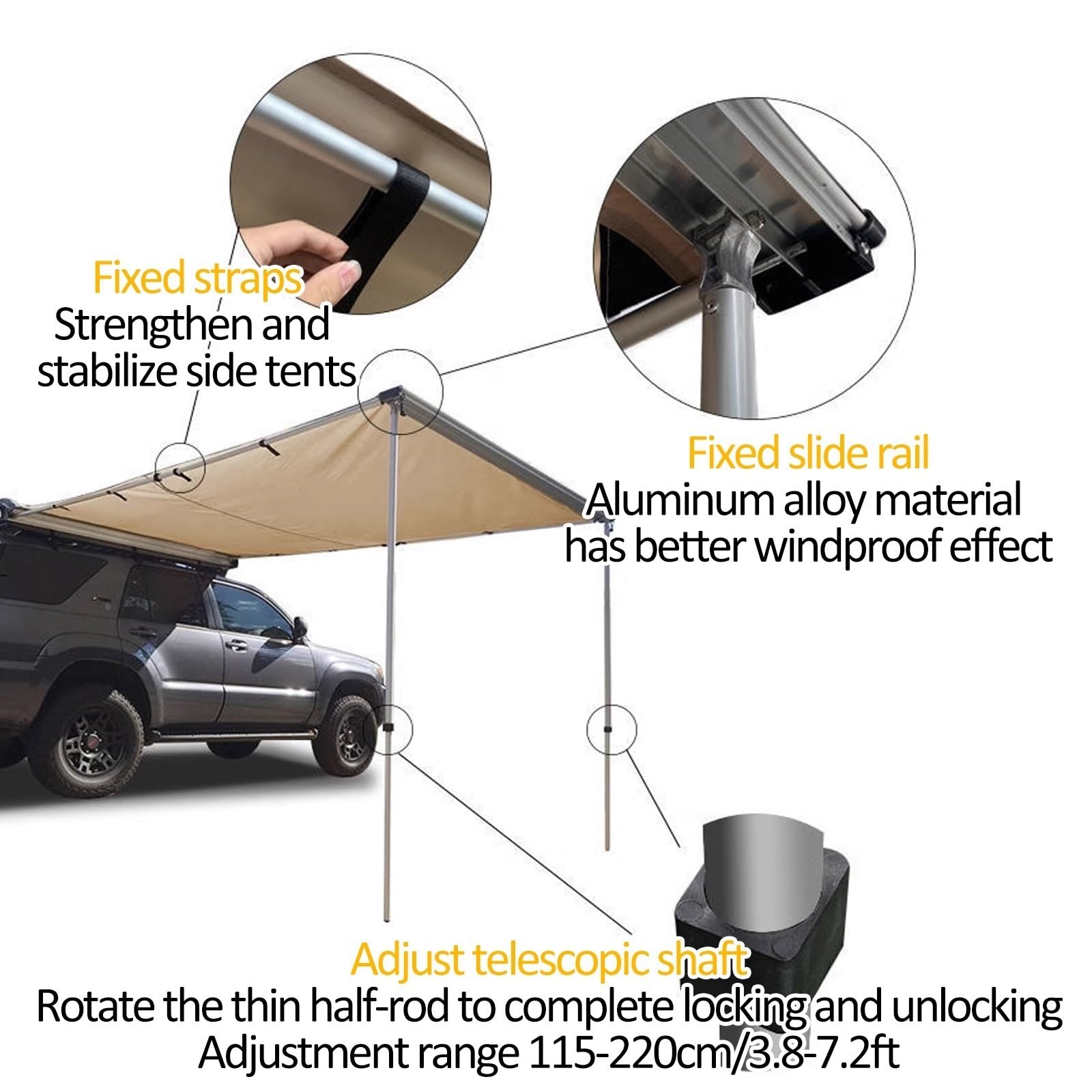 Toldos Extraíble Furgoneta Camper, Impermeable, para Baca, Lateral de Camión, Avance Furgoneta, Toldo para Caravana, UV50+, PU3000 mm, Altura Ajustable(160x250x110~210cm)