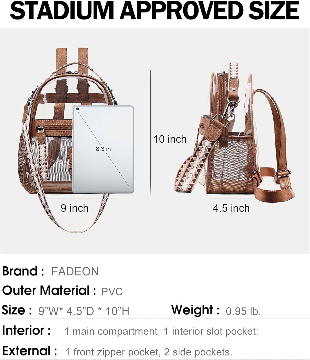 FADEON Clear Small Backpack Purse for Women, Designer Transparent Shoulder Handbag, PVC Mini Clear Bag for Stadium Approved