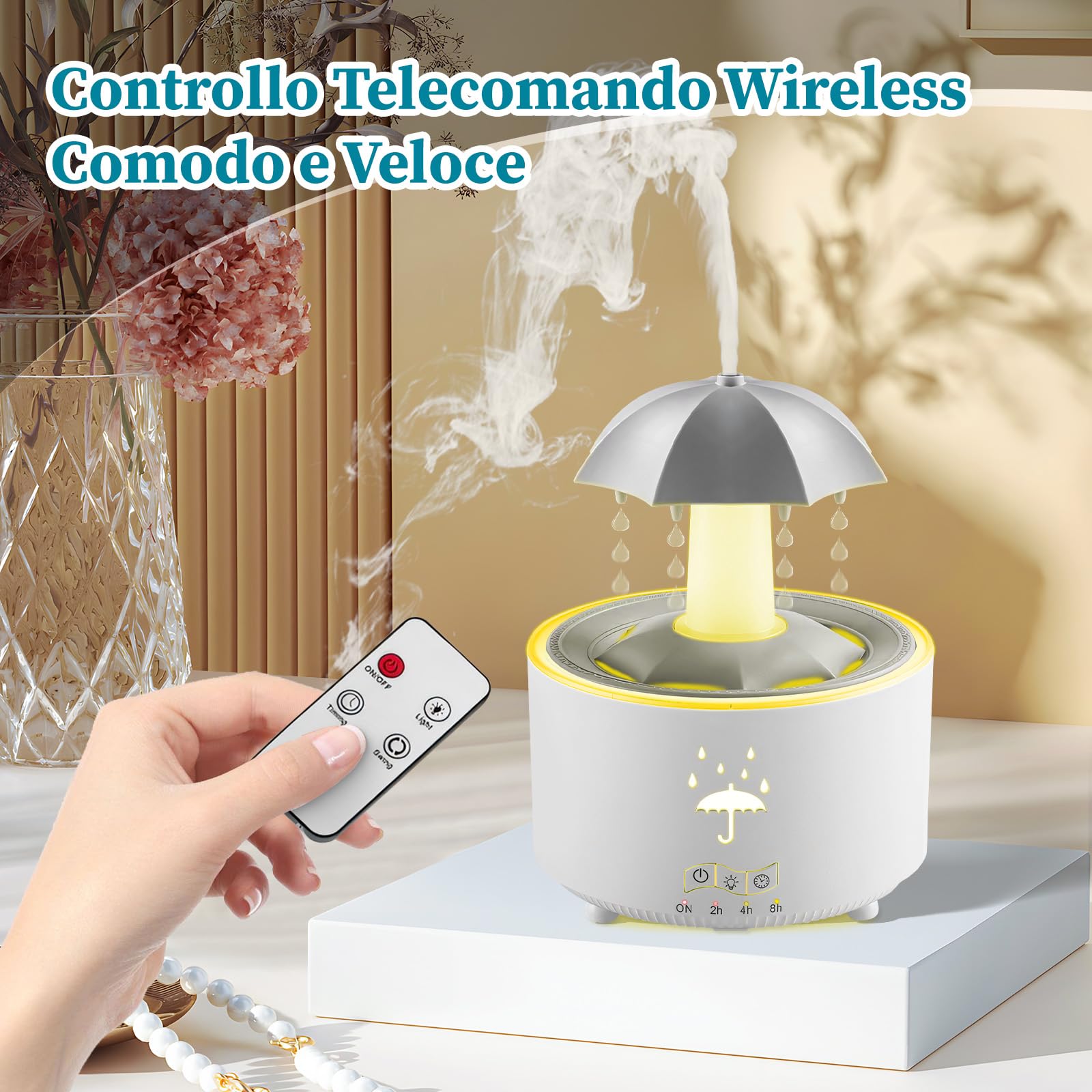 perfk Umidificatore a Goccia Rotante con Ombrello, Purificatore di Oli Essenziali 300ml, 10-30H di Durata, 7 LED Colori, 2/4/8H Timer, 36dB Silenzioso, Diffusore Ambiente per Camera, Ufficio, Bianco