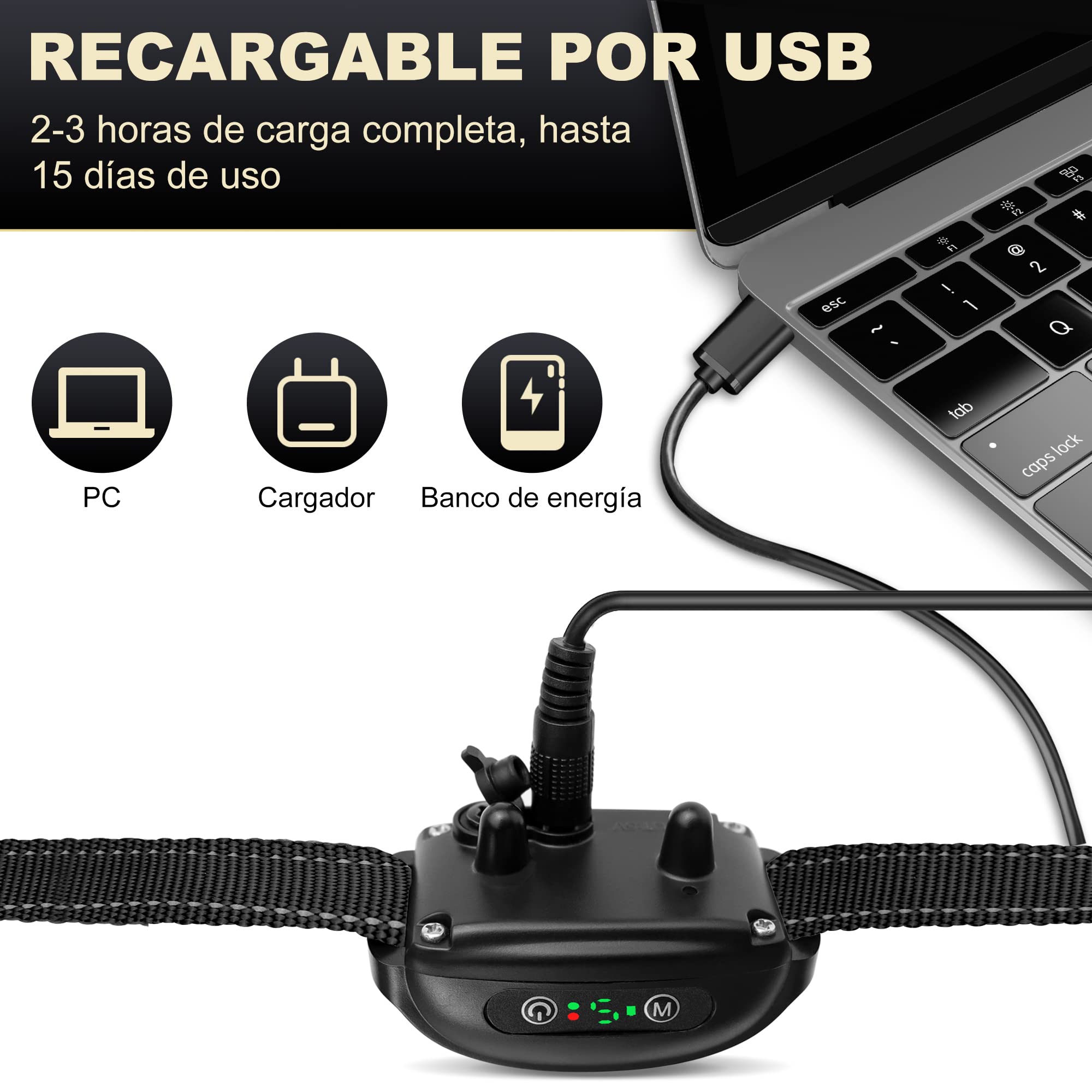 Collar Antiladridos, Collar Antiladridos para Perro Recargable Collar Vibración Perros, Impermeable IP67 para Cachorros y Perros Adultos - Eficaz y Cómodo-Oro