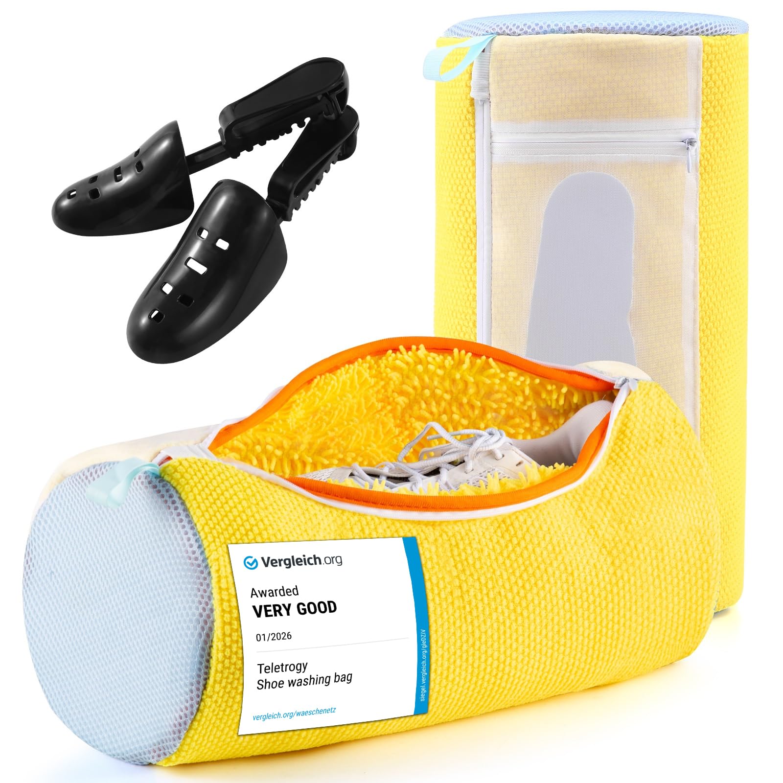 Teletrogy Shoe Washing Machine Bag 2 Pack, 360° Wrap-Around Cleaning Trainers Laundry Bags With Mesh Pockets 3 In 1 Clean, Reusable Sneaker Washing Bag With Shoe Trees, Hidden Zipper, Yellow