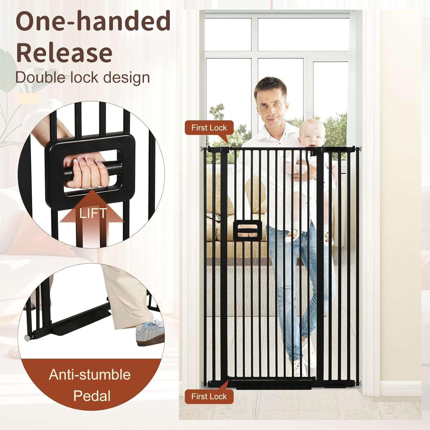 SMONTER 55" High Extra Tall Baby Gate, Safety Cat Gate for Doorways, Expands to 34.2"-38.2" Wide, Auto Close Dog Gate, No Drilling Pressure Mounted Cat Fence, Pet Gate Indoor for Stairs, Black