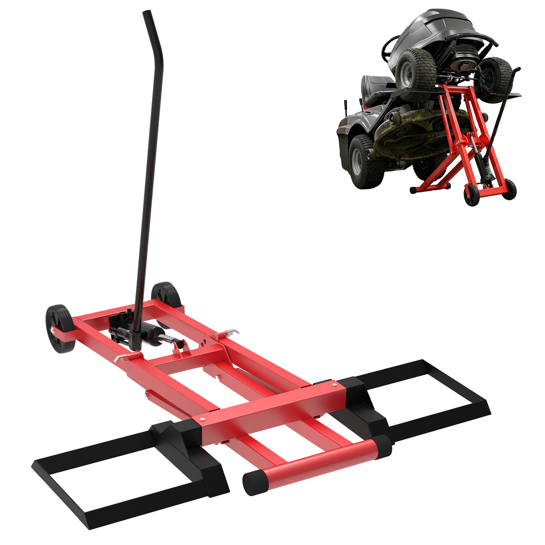 Froadp Elevador de tractor de césped de hasta 227 kg, elevador de cortacésped con altura de elevación de 3 niveles, cojín ajustable, elevador de césped de acero con ruedas, elevación de mantenimiento