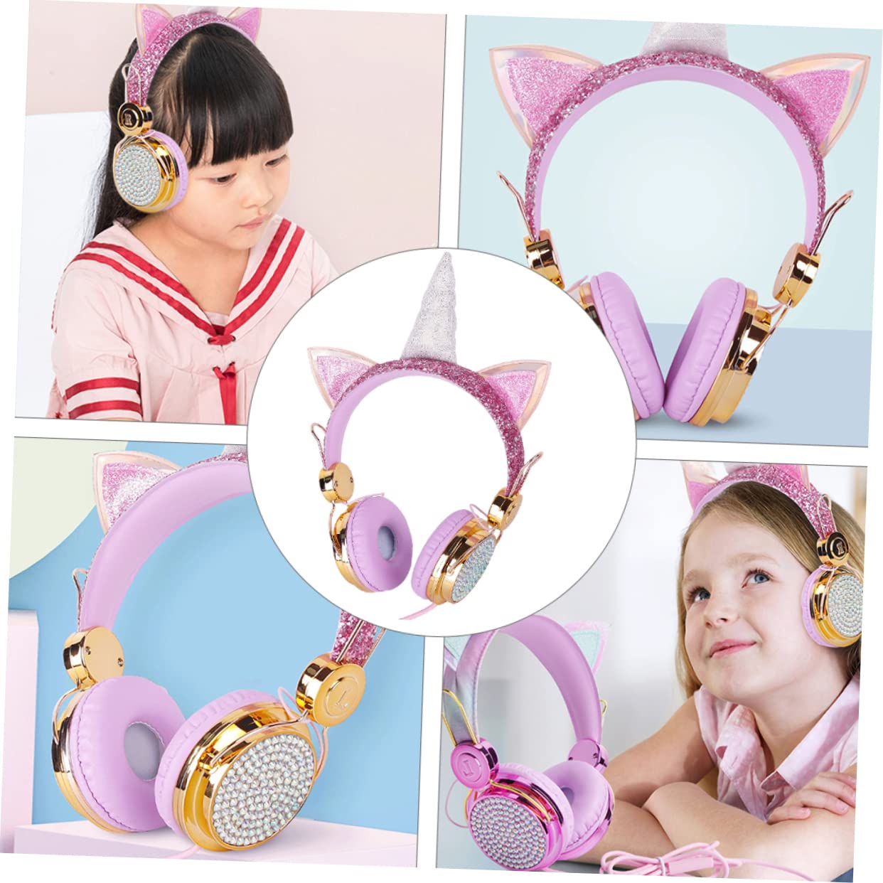 KOMBIUDA 2stücke Mädchen Kopfhörer Mit Mikrofon Faltbare Over-Ear Kopfhörer Für Lautstärkebegrenzung Kompatibel Mit Smartphones Und Tablets Einzigartiges Einhorn-Design Roségold