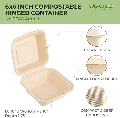 Miniatura 2 de Harvest Pack GOURMET SHOWCASE 200 unidades Contenedor cuadrado compostable con bisagras de fibra de azúcar de 9 x 9, caja para llevar con un solo