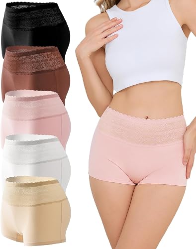 Sunm Boutique Cotton Boyshort Underwear for Women, Sexy Lace Waistband Women's Panties, Full Coverage Ladies Boxer Briefs