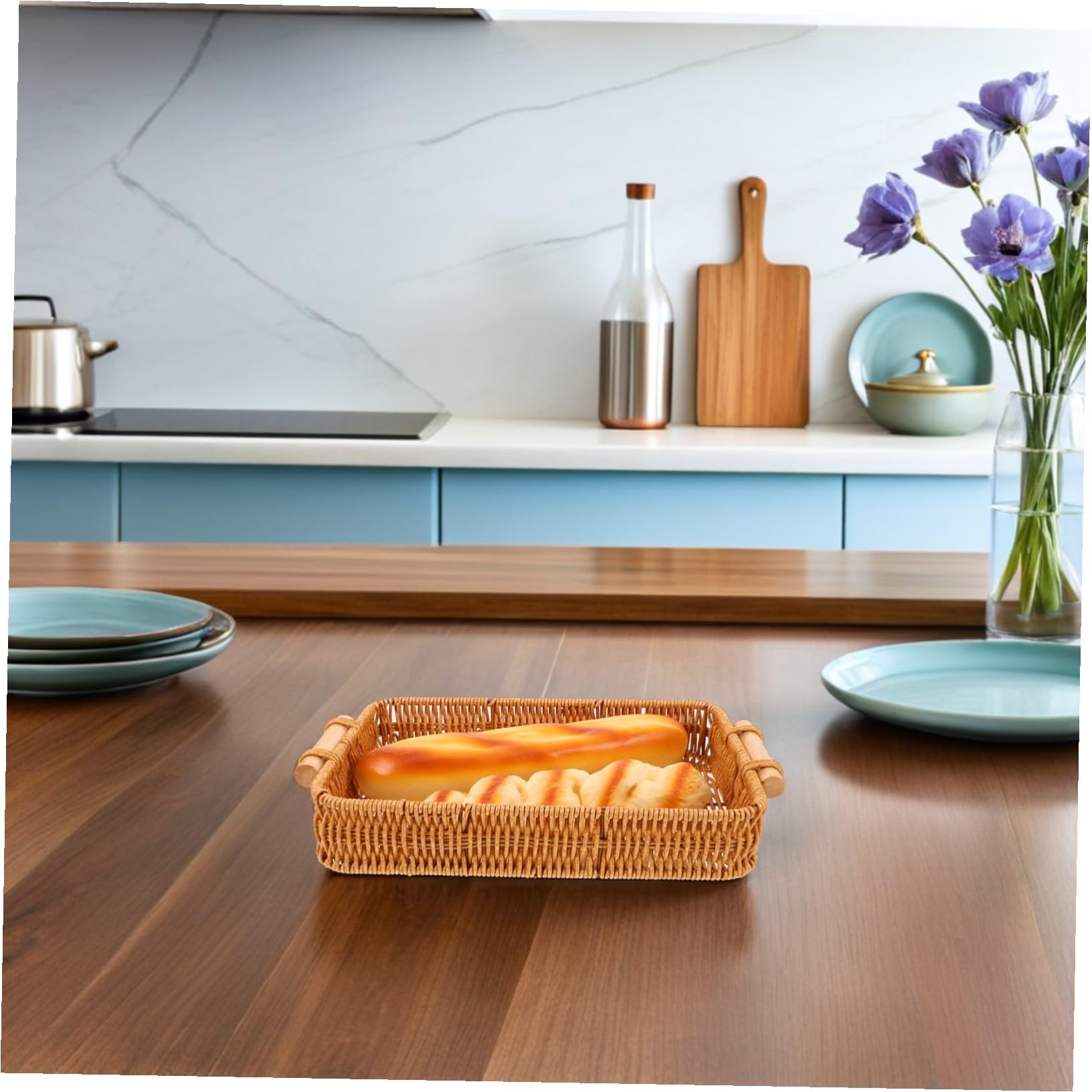 2 Piezas Cestas de Mimbre Tejidas Mano con Asas de Bandejas Rectangulares para Servir y Almacenar Ventilación Natural para Pan y Frutas Organizador Versátil para Cocina y Baño