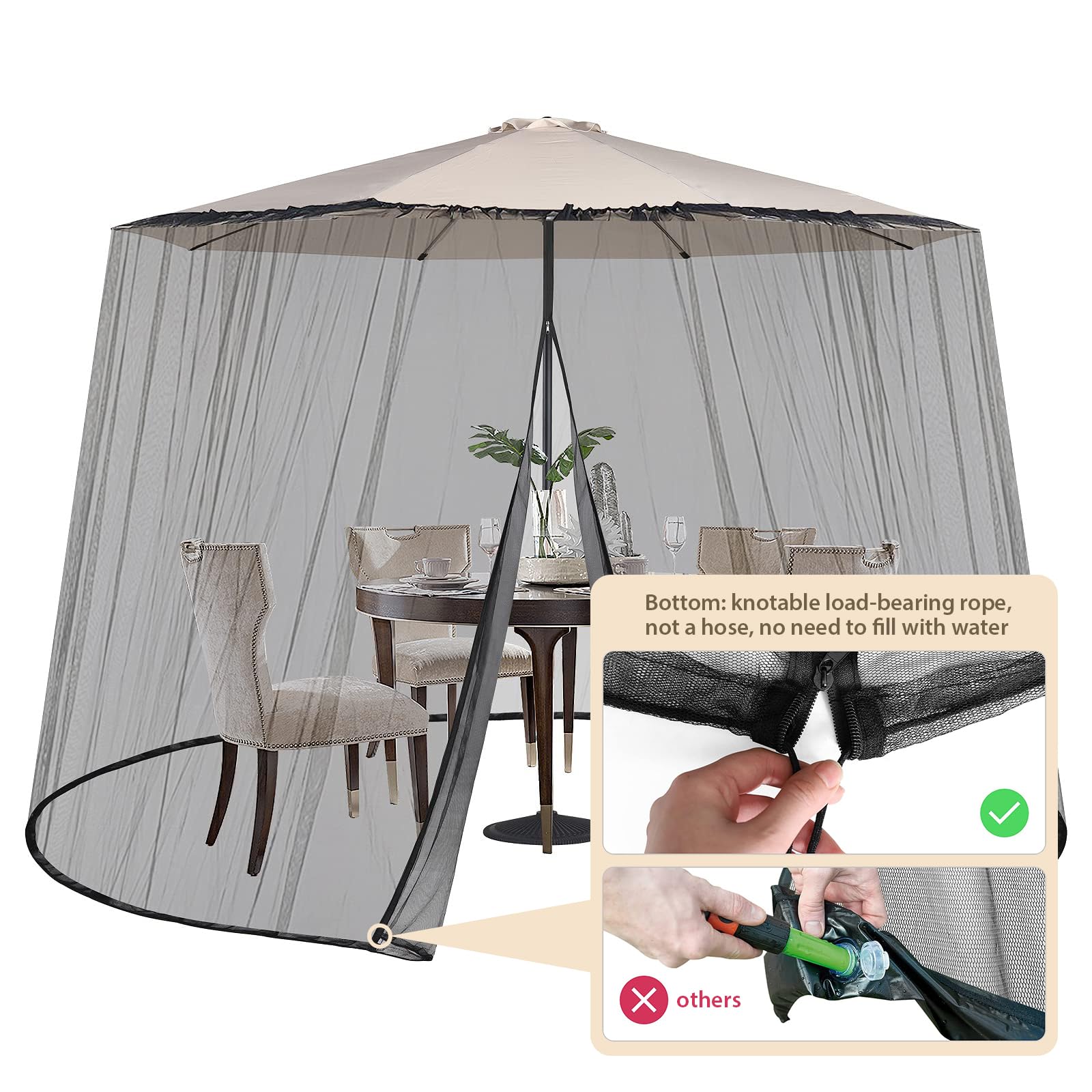 Sekey Mosquitera Ajustable para Sombrilla de 250-300 cm Patio, con Puerta Doble, 2,5 m de Altura, Negra