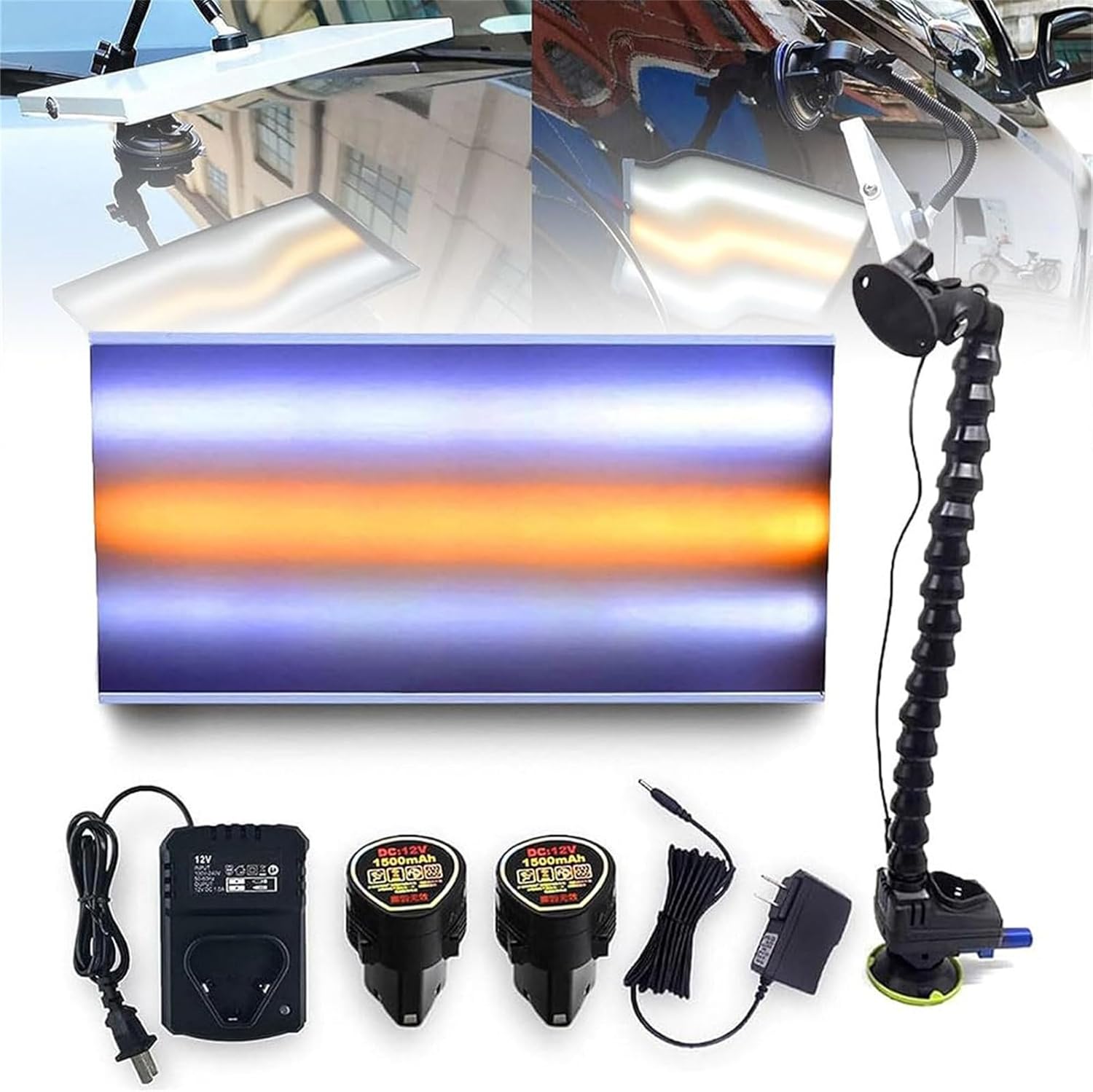 Car Inspection Light for Maintenance & Repair - Paint-Free Dent Repair Tool Kit with Power Cord, Two 12V Batteries, and Charging Socket for Automotive Body Dent Removal