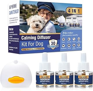 Dog Pheromone Calming Diffuser 4 in 1 Appeasing Pet Pheromones Diffuser to Calm Kit (Plug in+ 3 Pack 48ml Refill) for Anxiety Relief Reduce Barking Aggression Fighting Stress