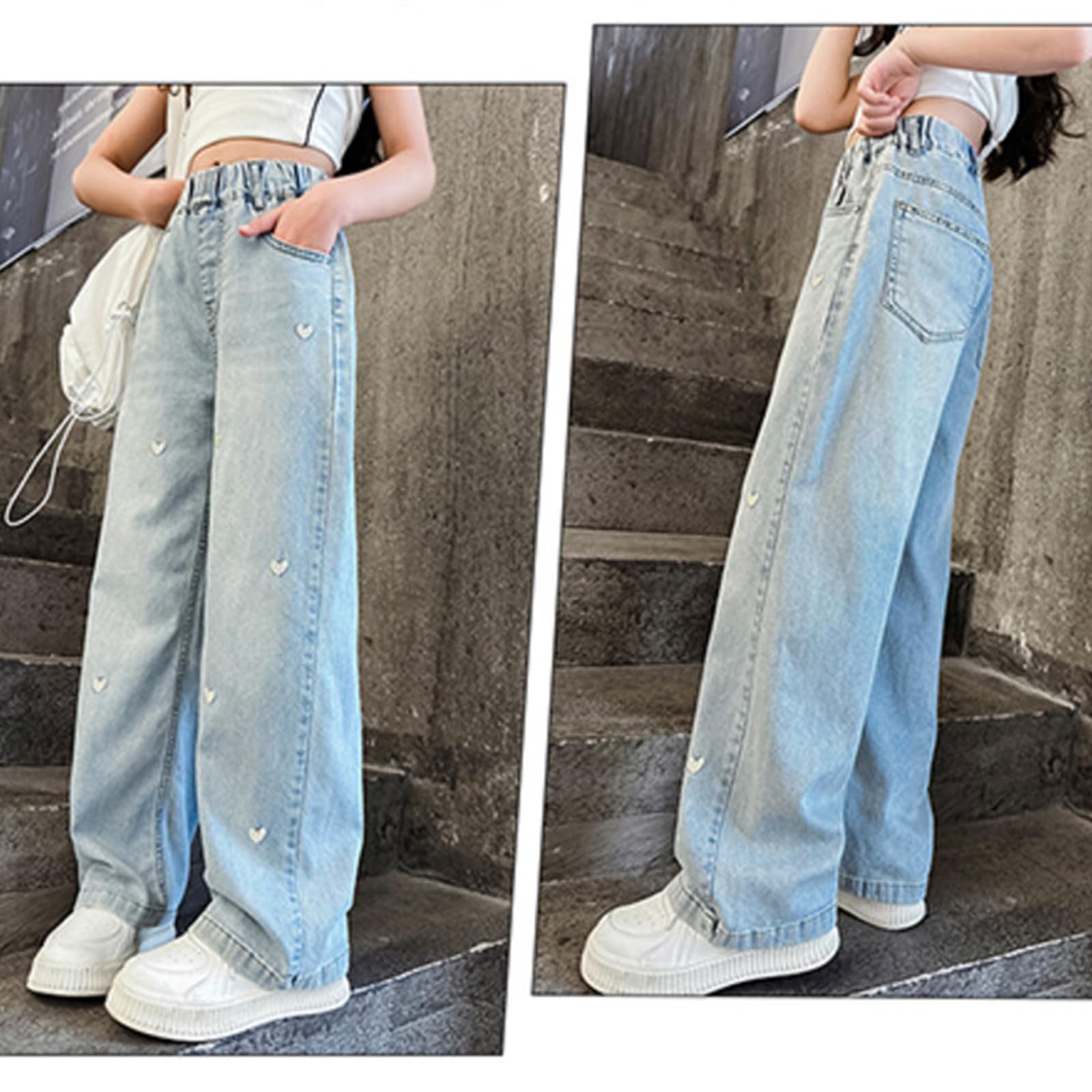 Pantalones vaqueros de pierna ancha para niñas con cintura elástica, pantalones de moda para primavera y otoño de 5 a 12 años, cómodos pantalones de mezclilla casuales
