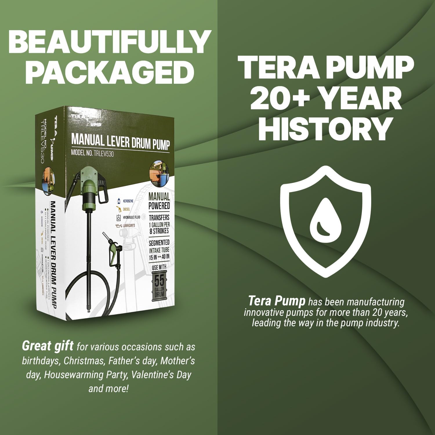 TERA PUMP Drum Barrel Pump w/Gas Pump Style Nozzle for Diesel, Kerosene & Hydraulic Oil, Heavy-Duty Hand Pump, Fits 15-55 Gallon Drums, Manual Lever Action w/ 10 ft Hose (8 oz per Stroke)