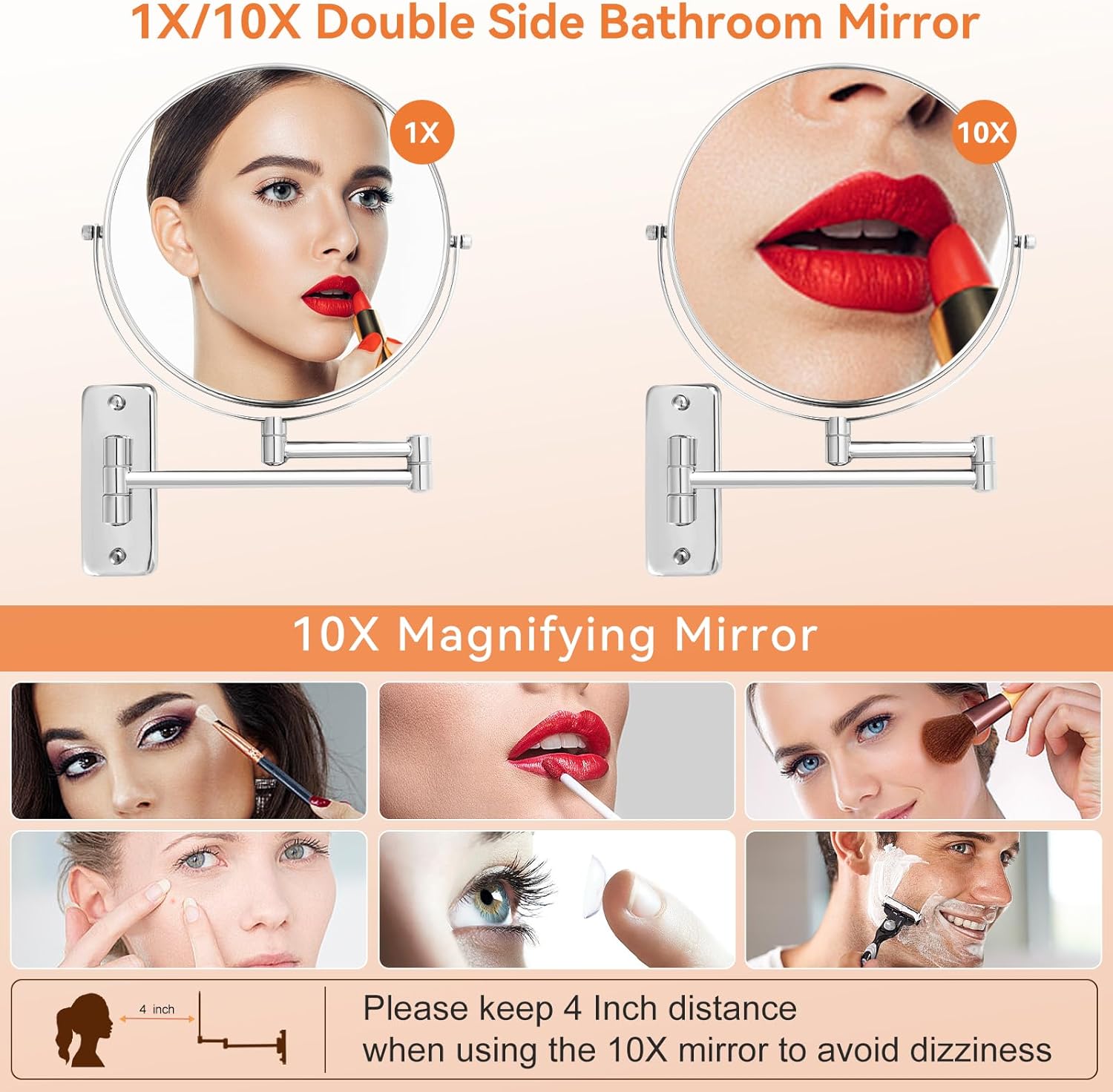 8 inch Wall Mounted Makeup Magnifying Mirror, 1X/10X Double-Sided Wall Mount Shaving Mirror with Extendable Arm, 360° Swivel for Vanity and Bathroom, Chrome Finish(No Light) - Image 2