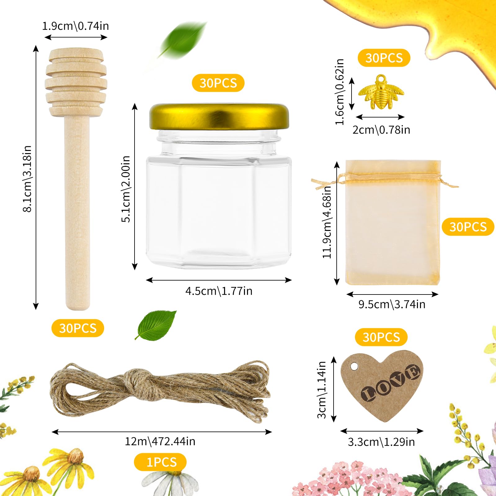 30pcs 45ml Mini Hexagonales Tarros de Miel de Cristal con Cucharones de Madera, Colgantes de Abejas, Bolsa de Cuerda, Etiquetas de Papel Kraft, Cuerda de Cáñamo, Perfectos Babyshower, Regalos de Boda